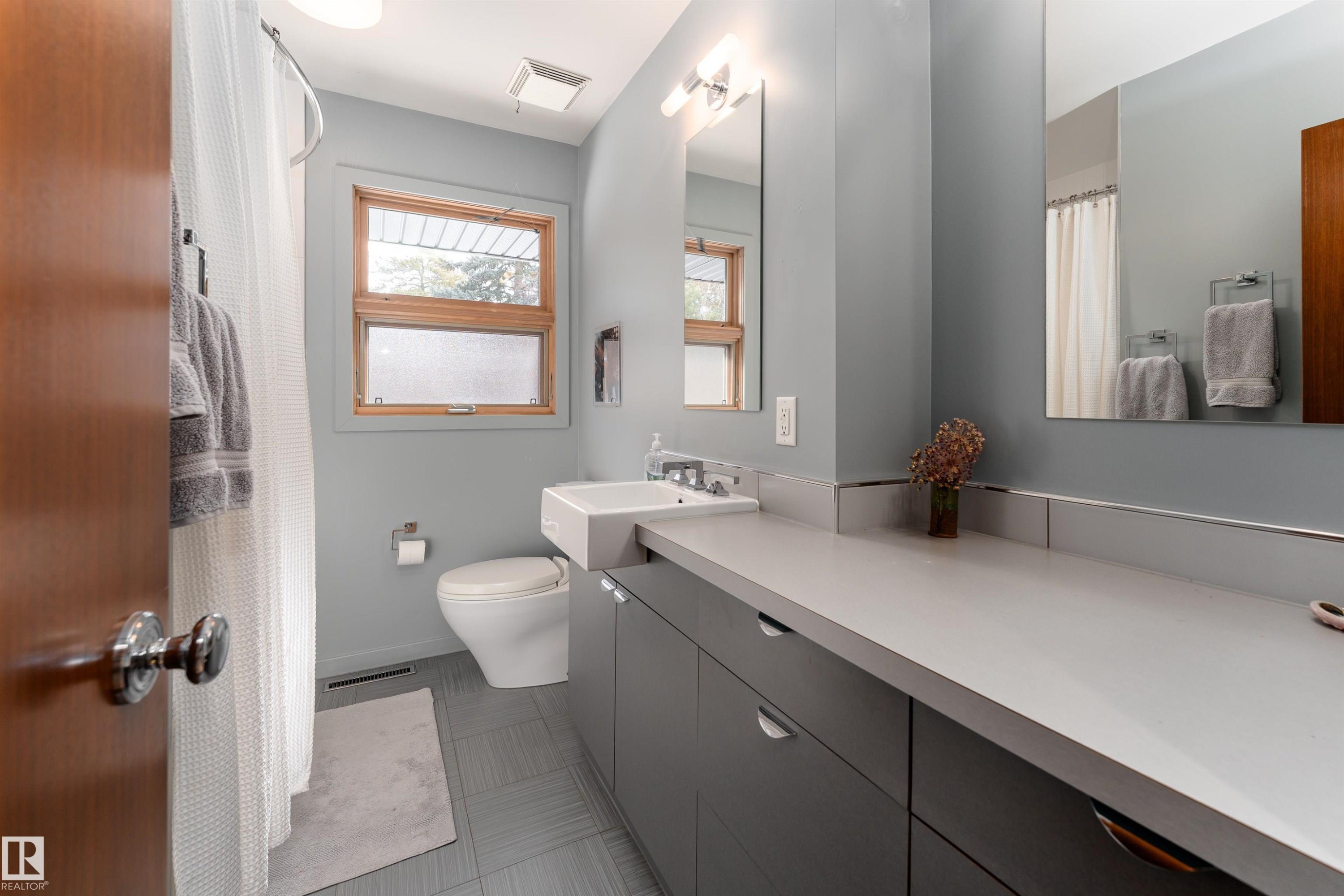 The bathroom features a toilet, a vanity with a sink, a mirror, and a window with wooden framing - 9715 141 Street Nw, Edmonton, AB - Indoor Photo Showing Bathroom