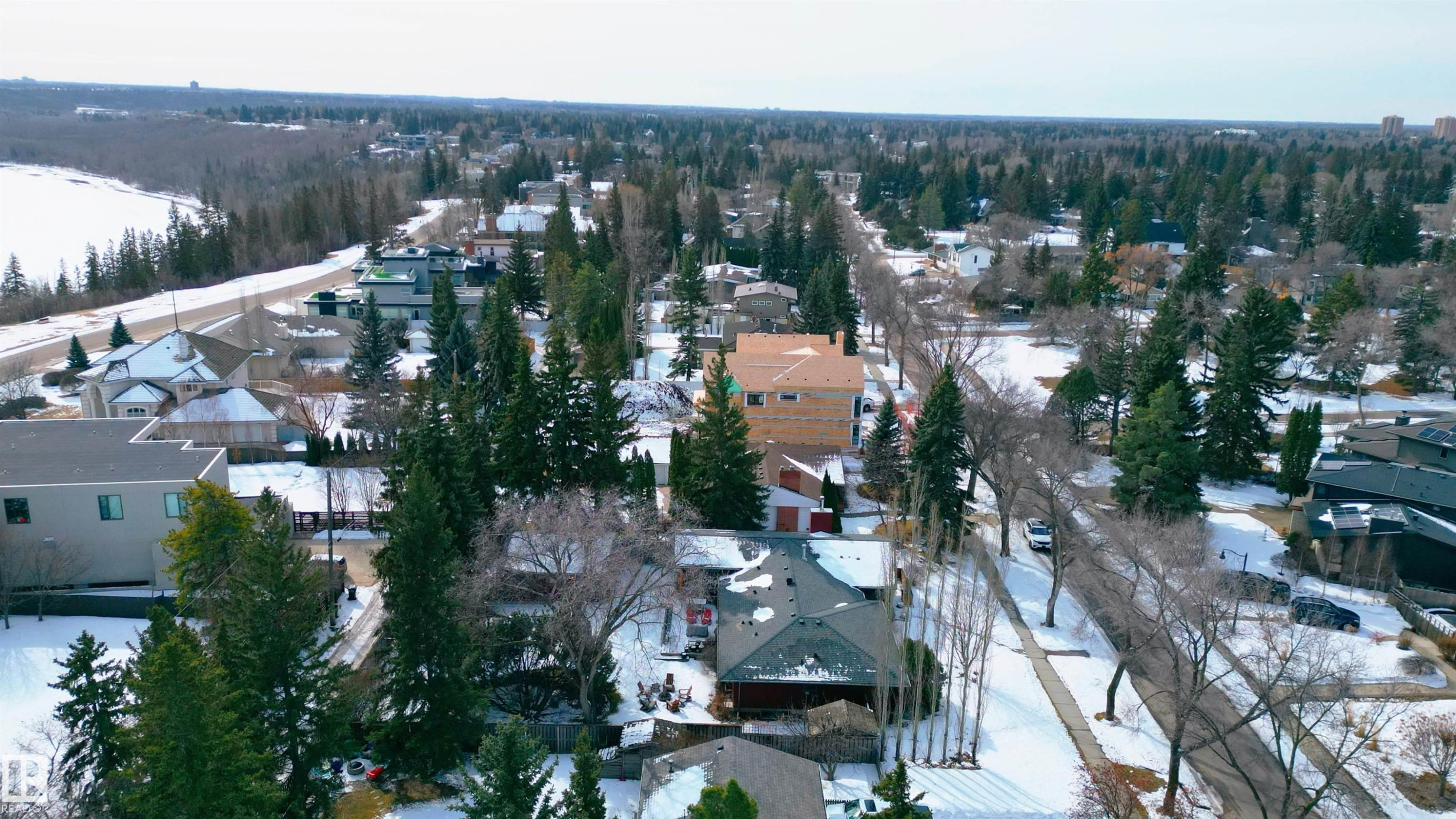 Aerial view of a residential neighbourhood with mature trees and a nearby frozen body of water - 9715 141 Street Nw, Edmonton, AB - Outdoor With View