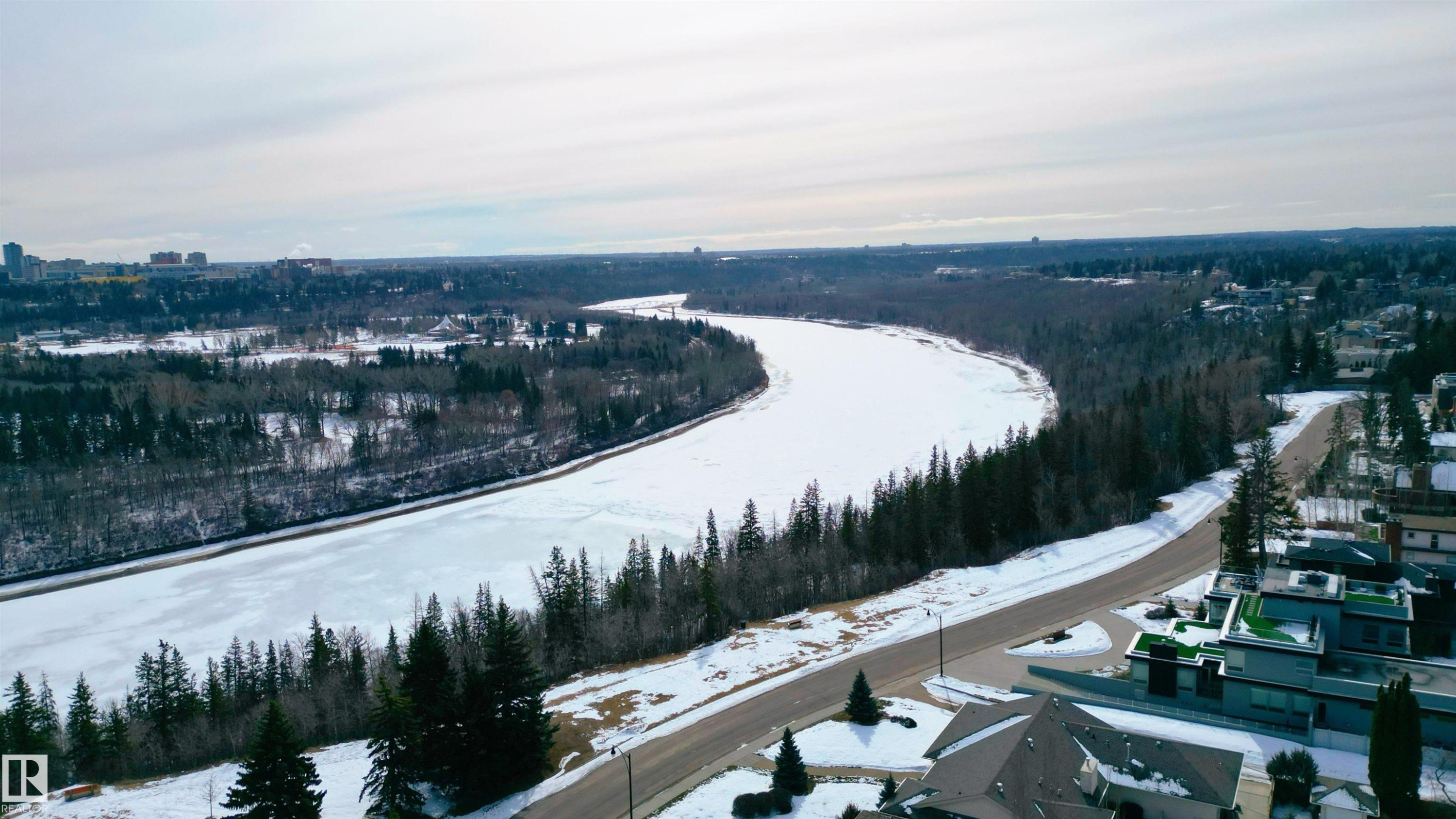 Aerial view showcasing the expansive frozen river, bordered by a dense forest - 9715 141 Street Nw, Edmonton, AB - Outdoor With View