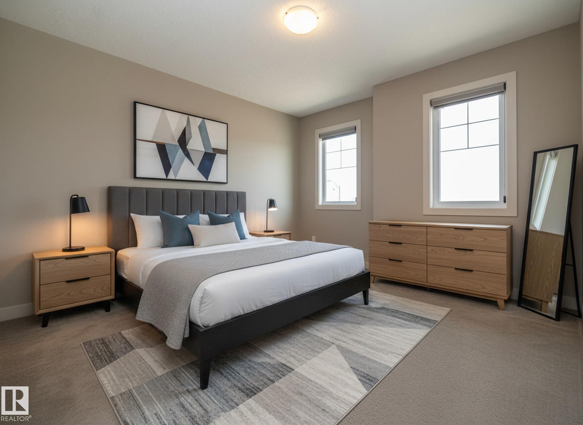 This bedroom features neutral-toned walls, two windows, and carpeting - 1403 Cunningham Drive, Edmonton, AB - Indoor Photo Showing Bedroom