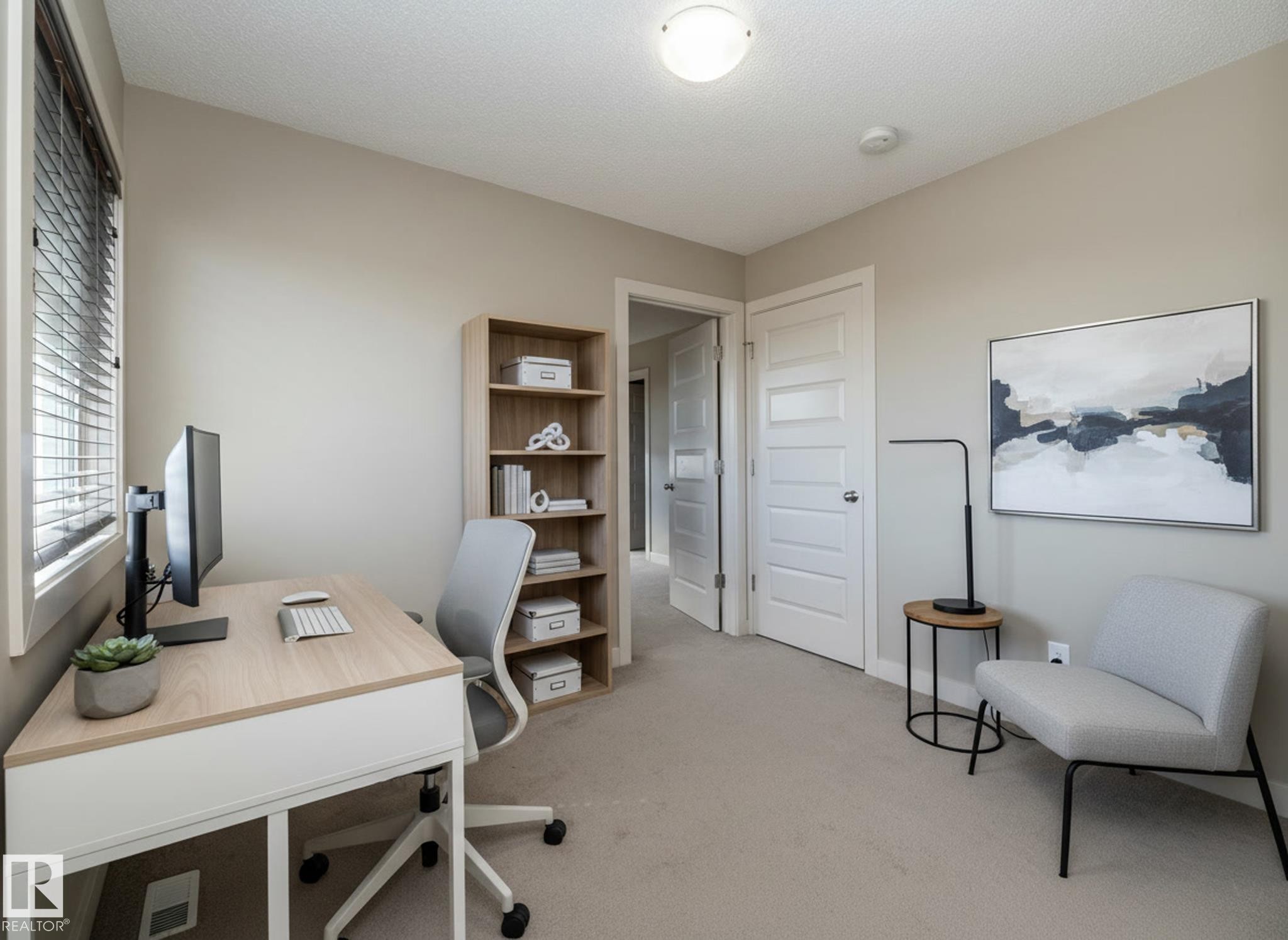 Versatile room featuring light-colored walls, neutral carpeting, and a window with blinds - 1403 Cunningham Drive, Edmonton, AB - Indoor Photo Showing Office