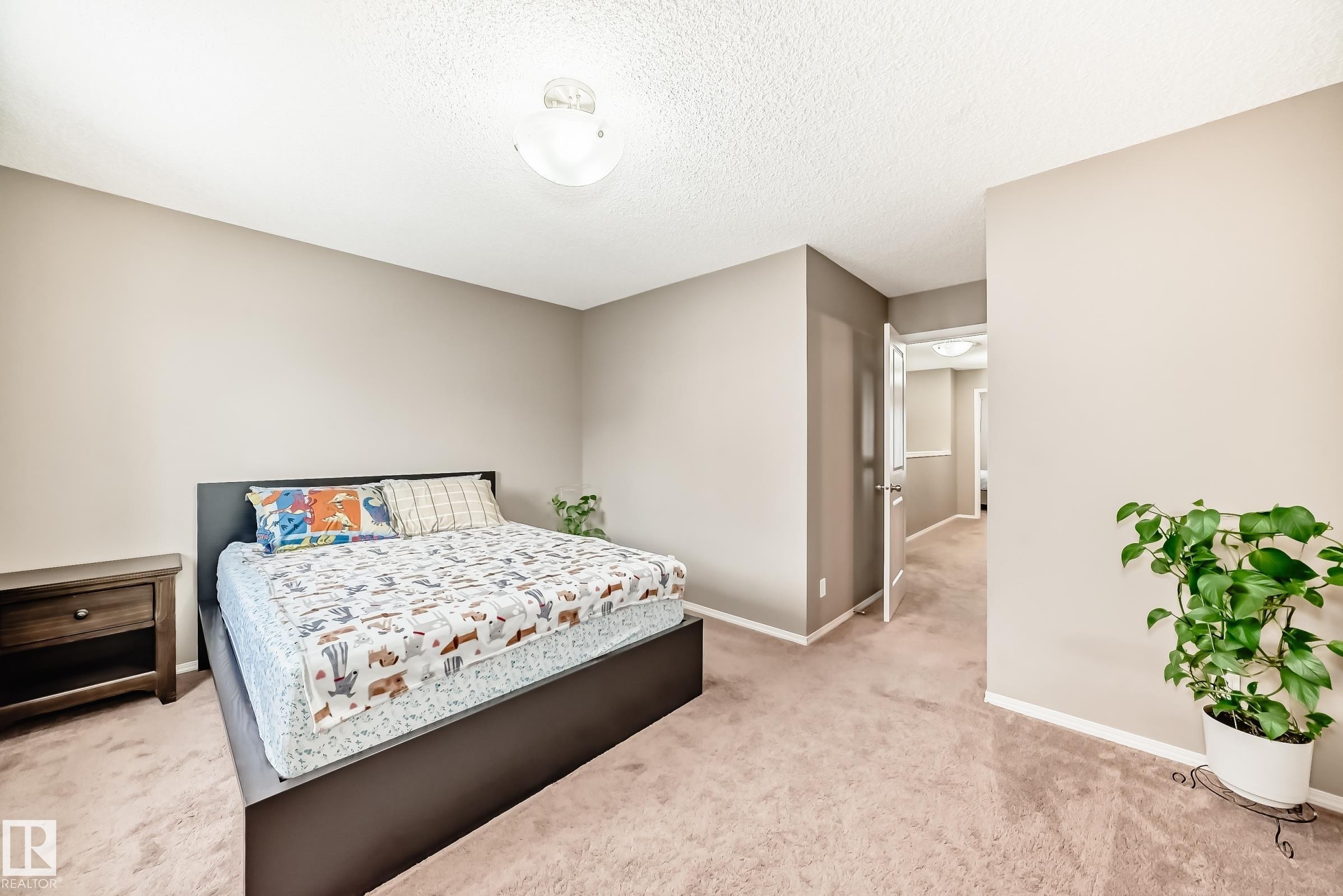 The property features neutral-toned walls, a ceiling light fixture, and carpeted flooring - 8 13838 166Ave, Edmonton, AB - Indoor Photo Showing Bedroom