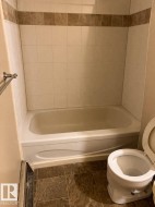 Bathroom featuring a bathtub, tiled shower walls with a decorative accent band, and a toilet -