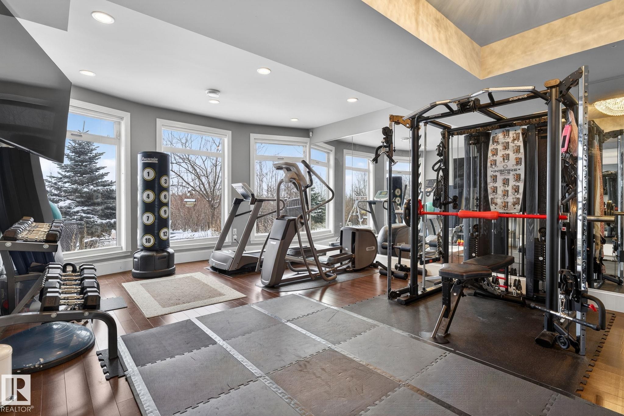 This dedicated fitness space features hardwood flooring, recessed lighting, and a series of windows providing natural light and exterior views - 1413 Woodward Crescent, Edmonton, AB - Indoor Photo Showing Gym Room