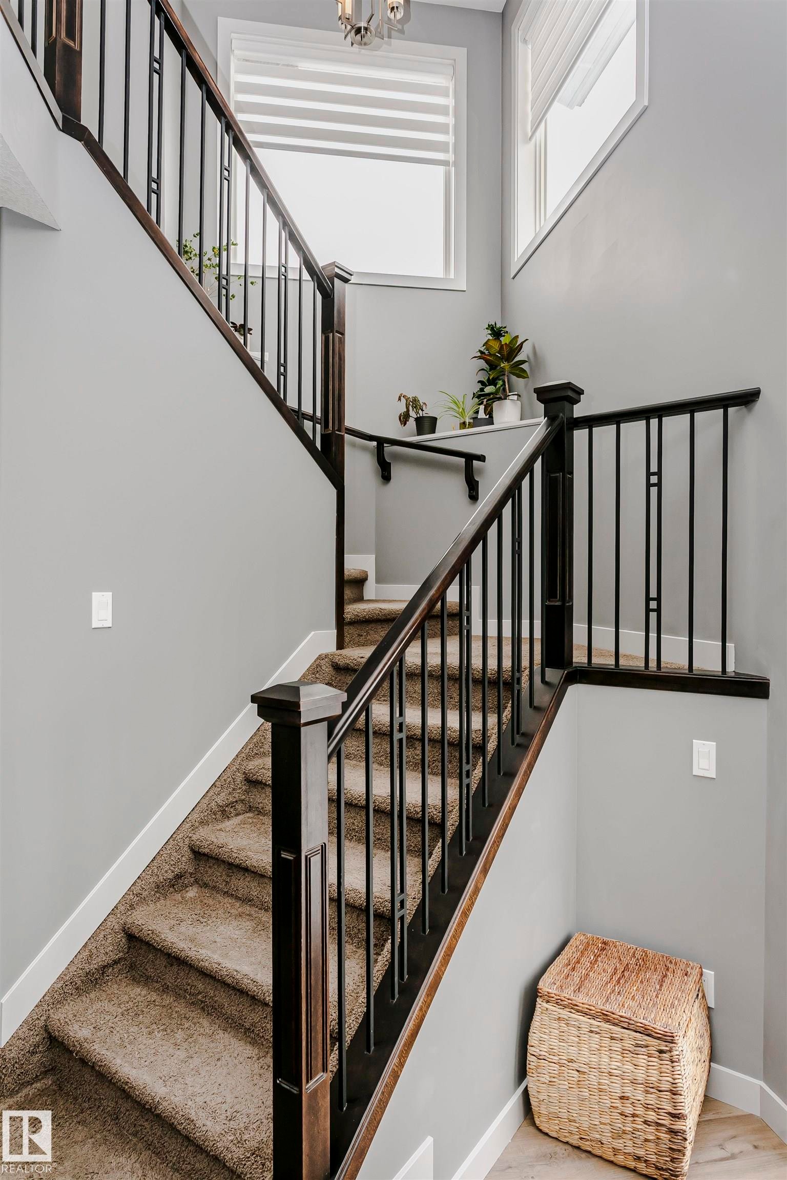 This property features a staircase with carpeted treads and dark wood banisters with vertical metal balusters - 21807 97 Avenue, Edmonton, AB - Indoor Photo Showing Other Room