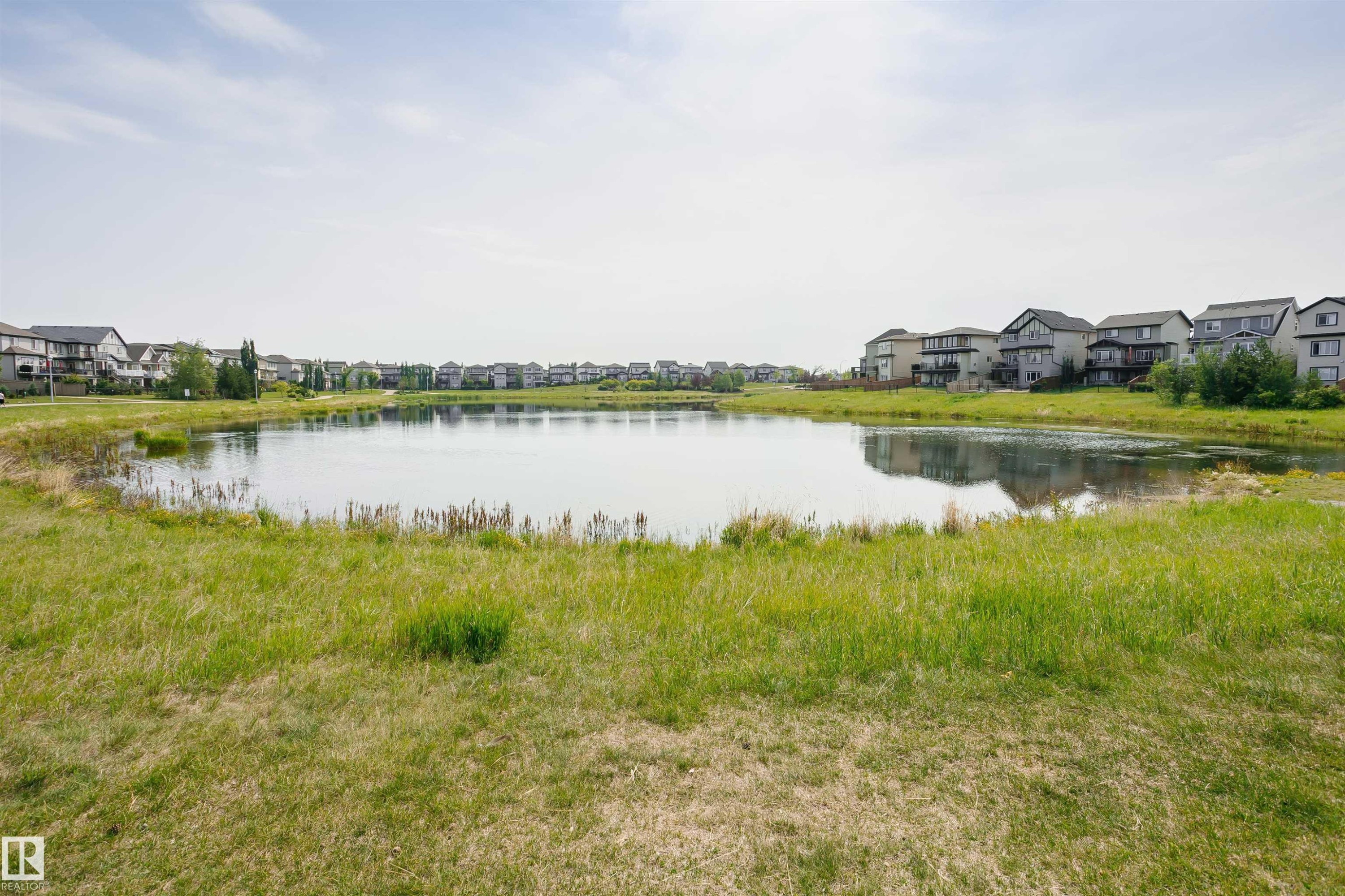 View of the community pond surrounded by grassy areas and residential properties - 21807 97 Avenue, Edmonton, AB - Outdoor With Body Of Water With View