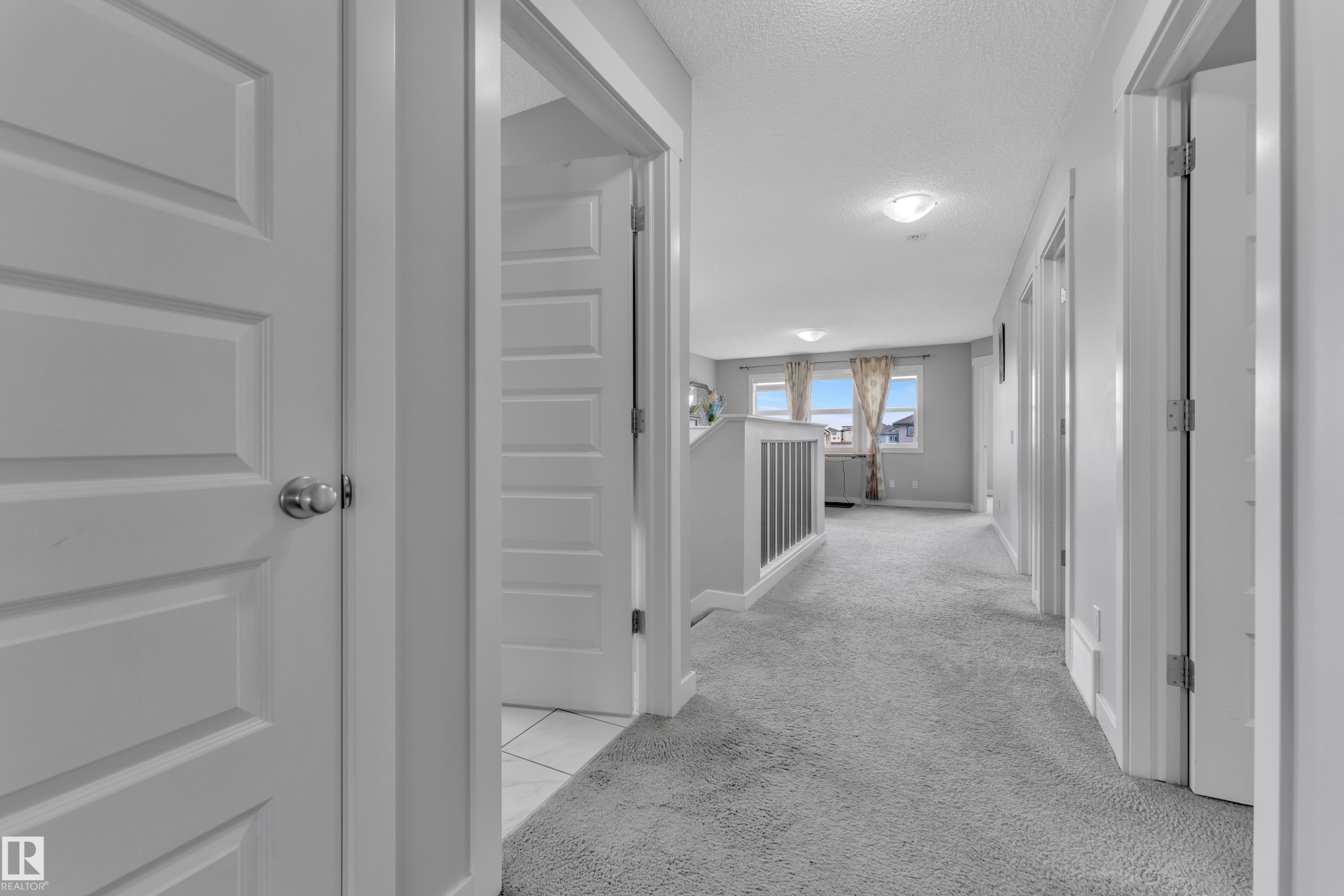 Hallway featuring light gray carpeting, white paneled doors, and a ceiling light fixture - 1452 30 Street, Edmonton, AB - Indoor Photo Showing Other Room