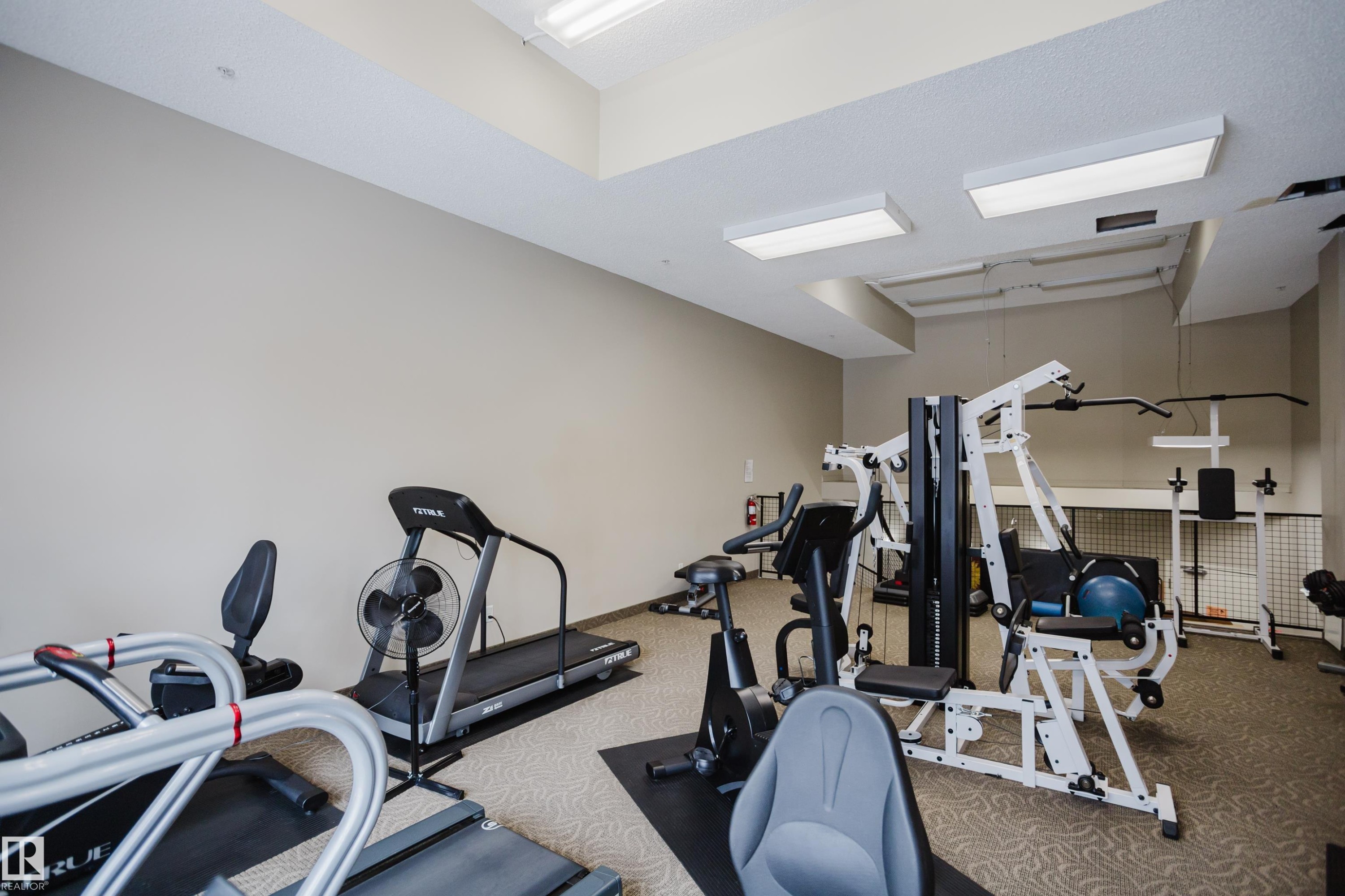The property features a dedicated fitness area with various exercise equipment, including treadmills, stationary bikes, and a multi-station weight machine - 206 10108 125 Street, Edmonton, AB - Indoor Photo Showing Gym Room