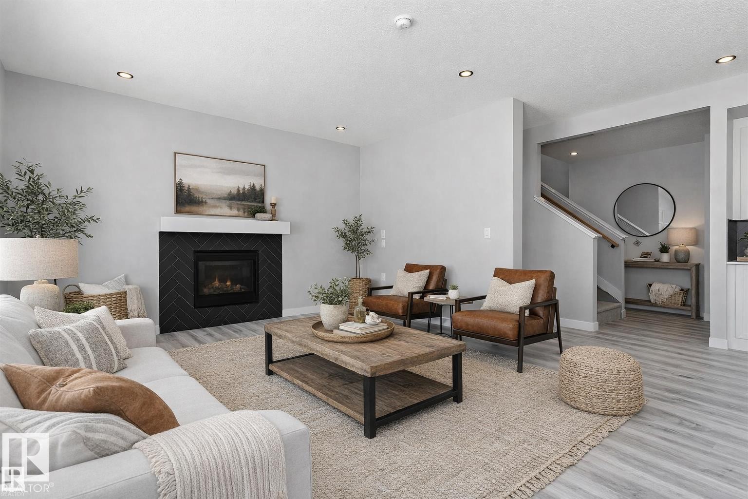 Virtually Staged - 36 Maple Crescent, Gibbons, AB - Indoor Photo Showing Living Room With Fireplace