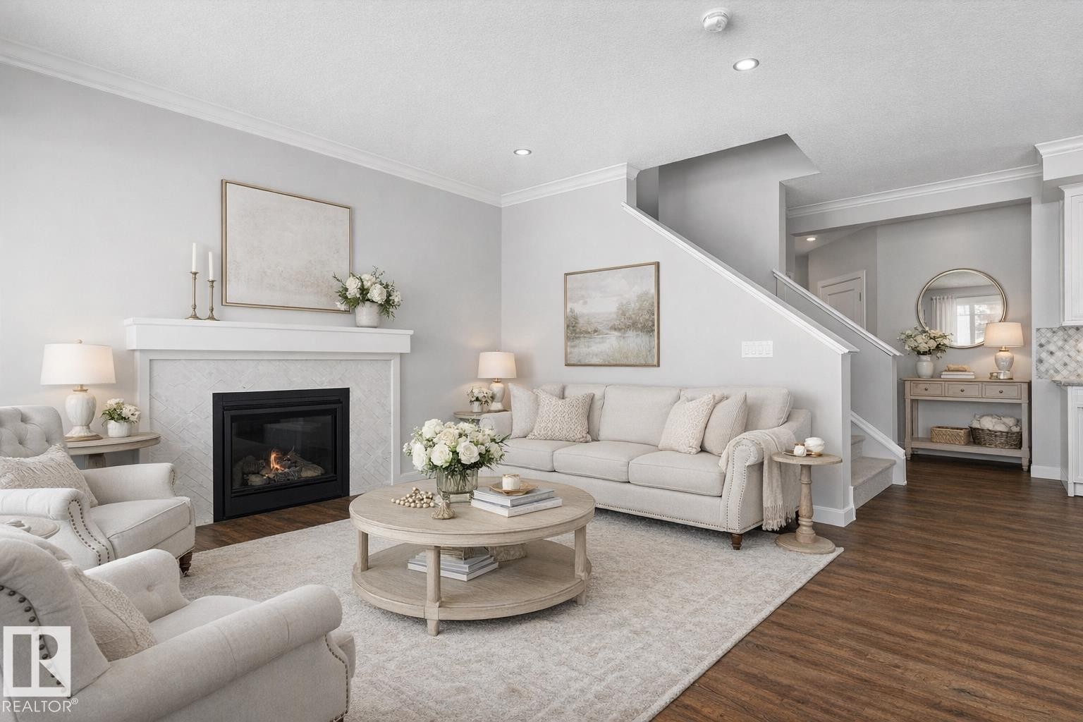 72 Maple Crescent, Gibbons, AB - Indoor Photo Showing Living Room With Fireplace