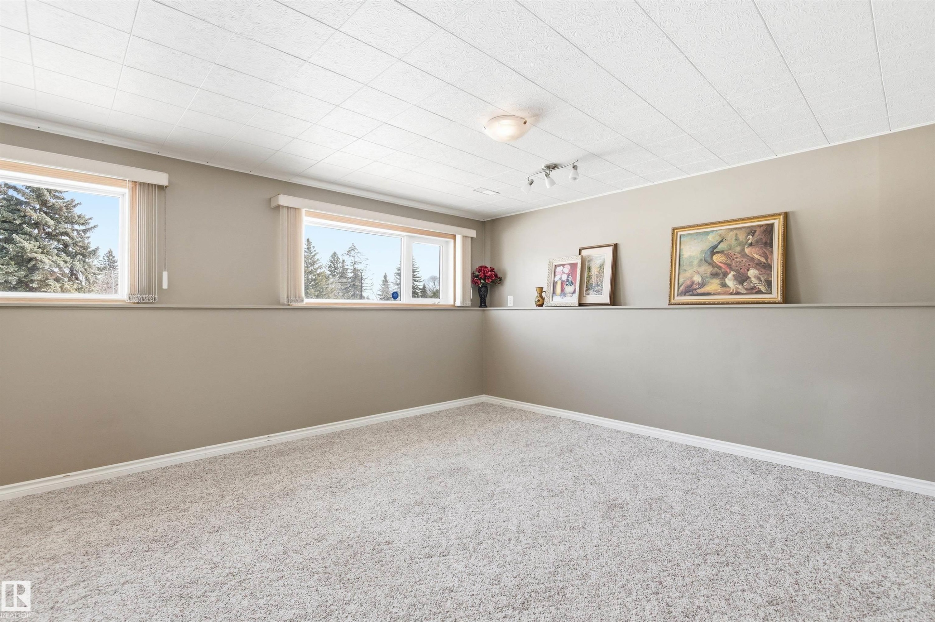 This spacious room features neutral-toned walls, light-colored carpet, and windows that provide views of trees - 12904 95 Street, Edmonton, AB - Indoor Photo Showing Other Room