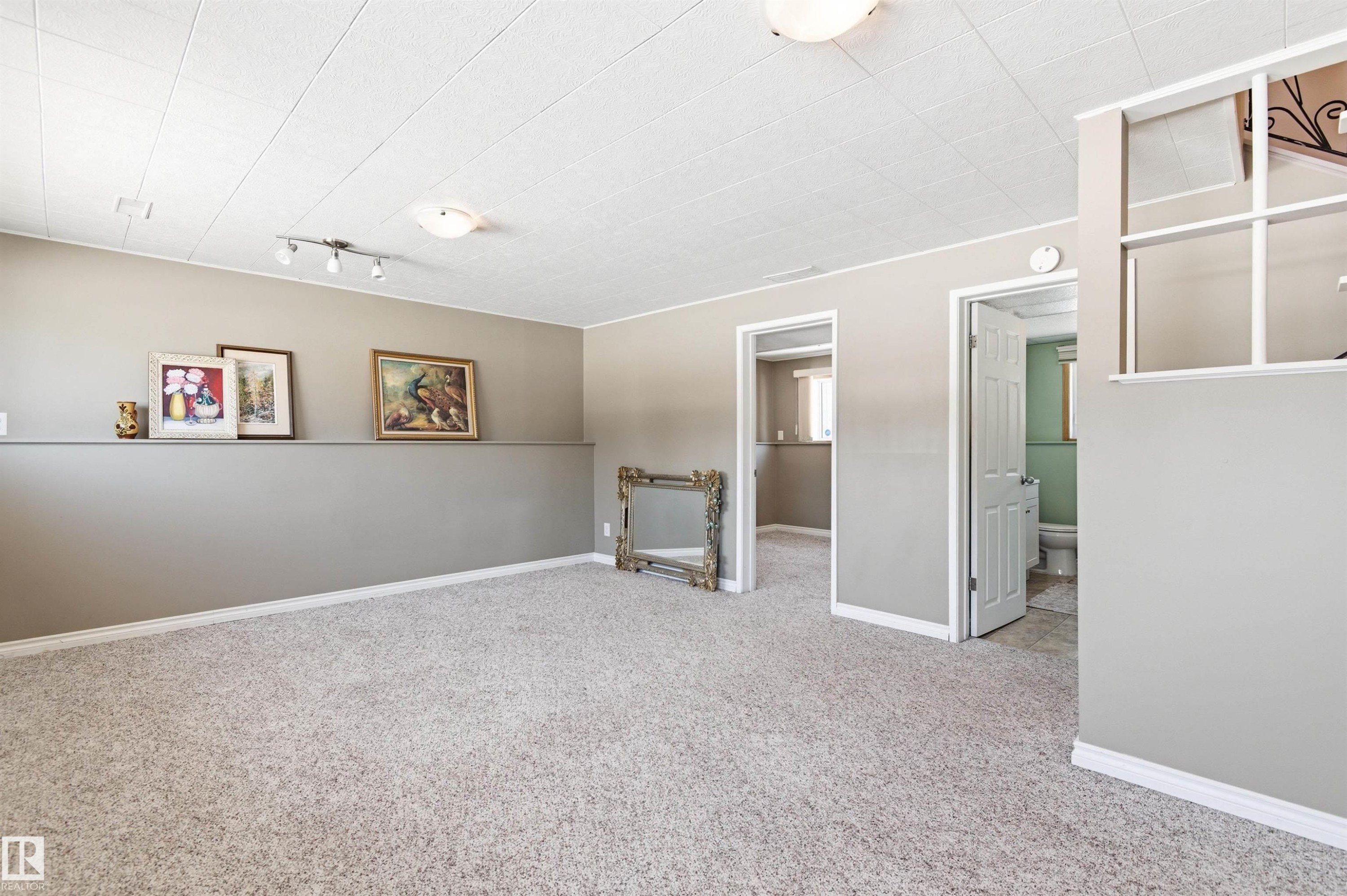 Spacious room featuring light-colored carpet, a drop ceiling, and track lighting - 12904 95 Street, Edmonton, AB - Indoor Photo Showing Other Room