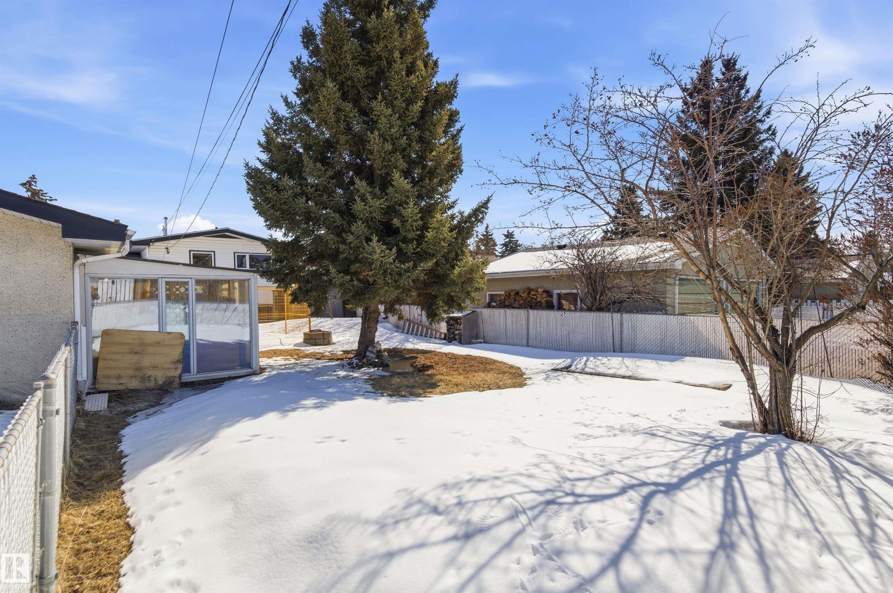 The property features a spacious rear yard with a greenhouse structure - 12904 95 Street, Edmonton, AB - Outdoor