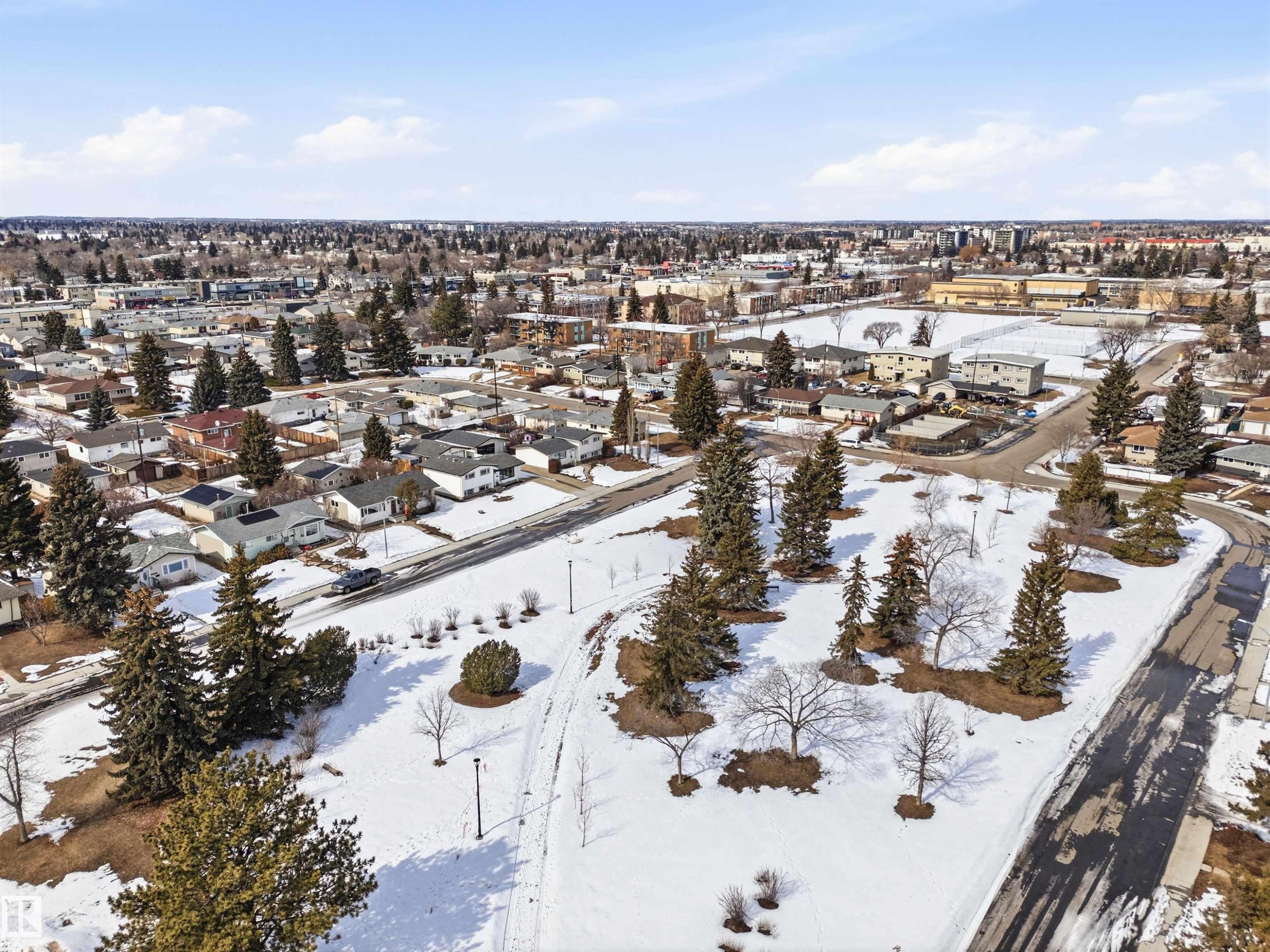 The property offers convenient access to a well-maintained park featuring mature trees and open spaces - 12904 95 Street, Edmonton, AB - Outdoor With View