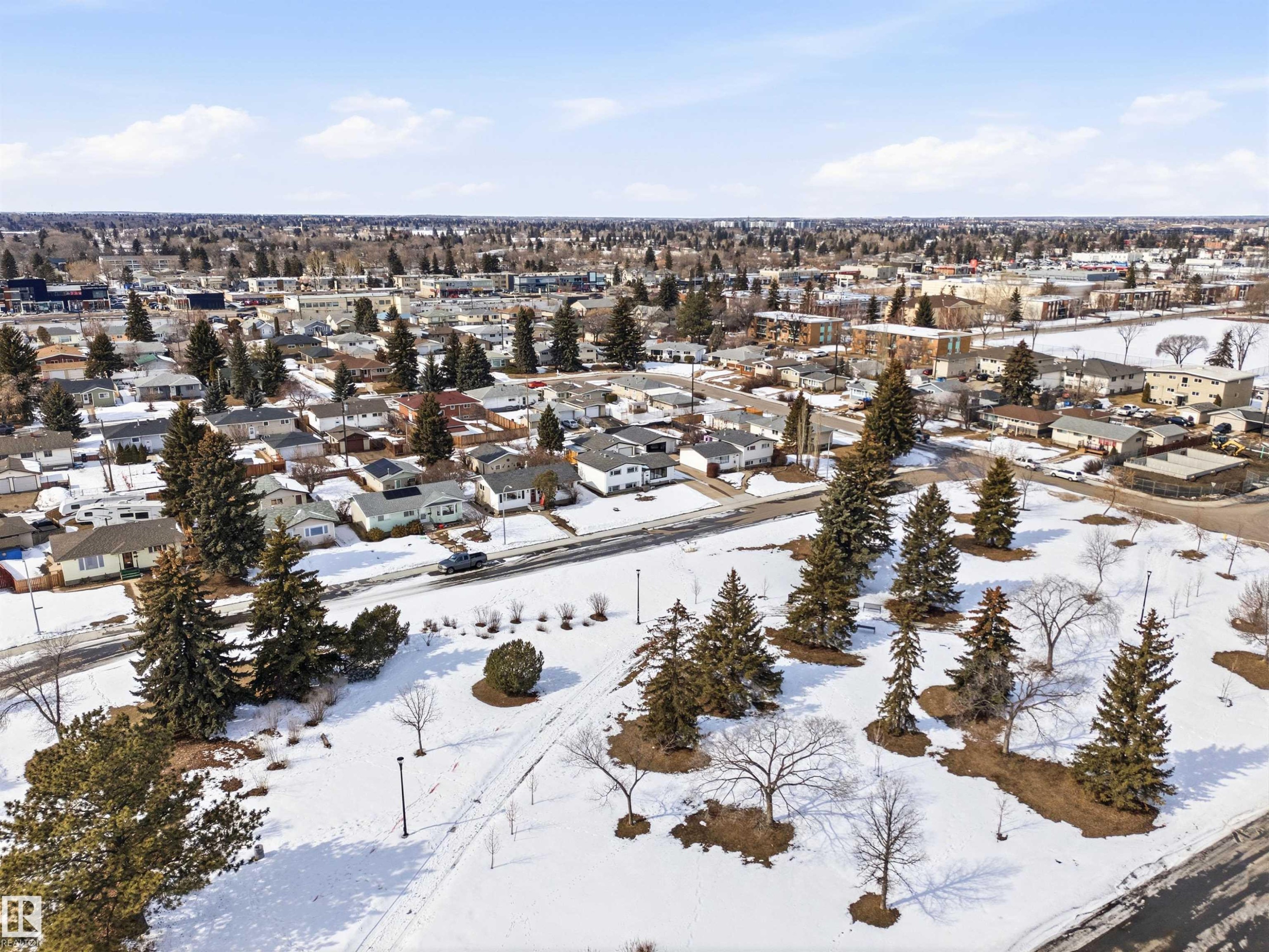 An aerial view showcasing the surrounding residential area with a park space featuring mature evergreen and deciduous trees, and snow-covered ground - 12904 95 Street, Edmonton, AB - Outdoor With View