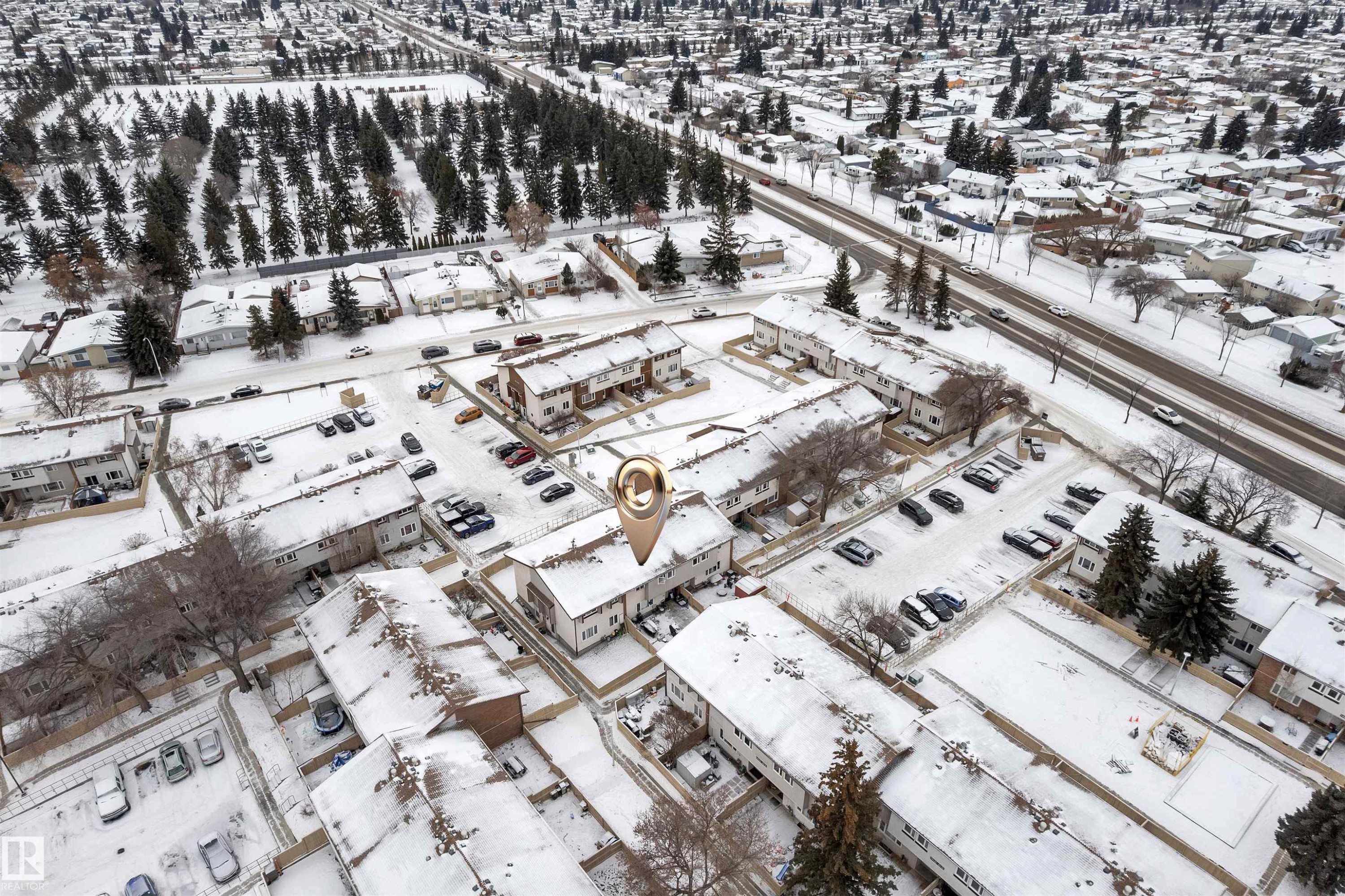 Aerial perspective showcasing a residential community with multi-unit structures - 7 14115 82 Street, Edmonton, AB - Outdoor With View