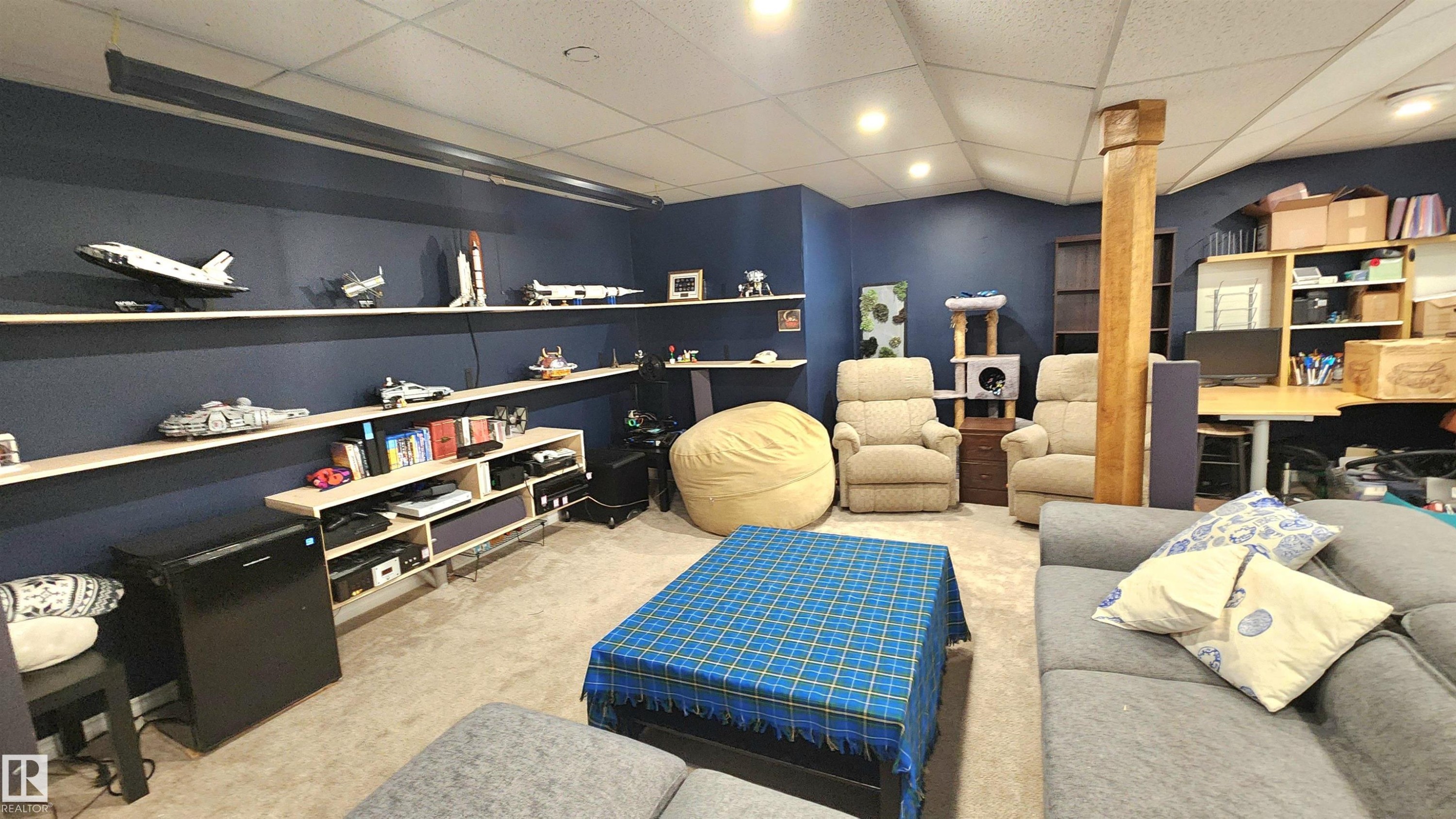 Finished basement with recessed lighting, blue painted walls, and light brown carpeting - 3531 46 Street, Edmonton, AB - Indoor Photo Showing Other Room