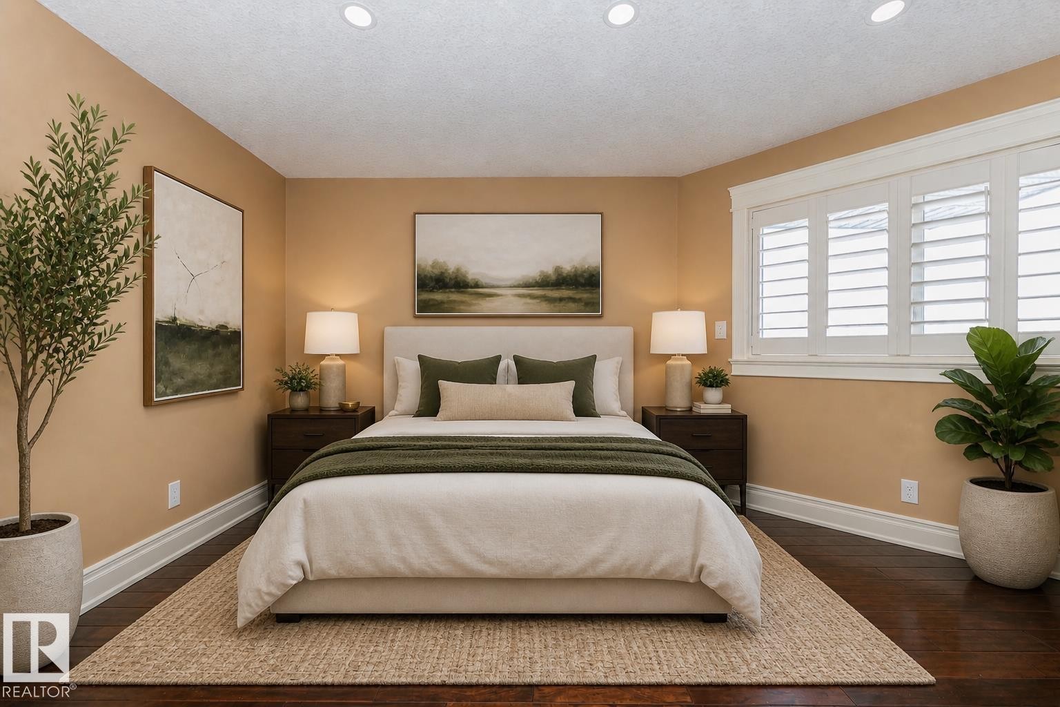 Inviting room featuring dark wood-finish flooring, recessed lighting, and a window with white plantation shutters - 3048 Watson Landing, Edmonton, AB - Indoor Photo Showing Bedroom
