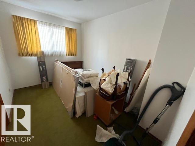 The property features a room with a window, white walls, and green carpeting - 11003 144 Street, Edmonton, AB - Indoor