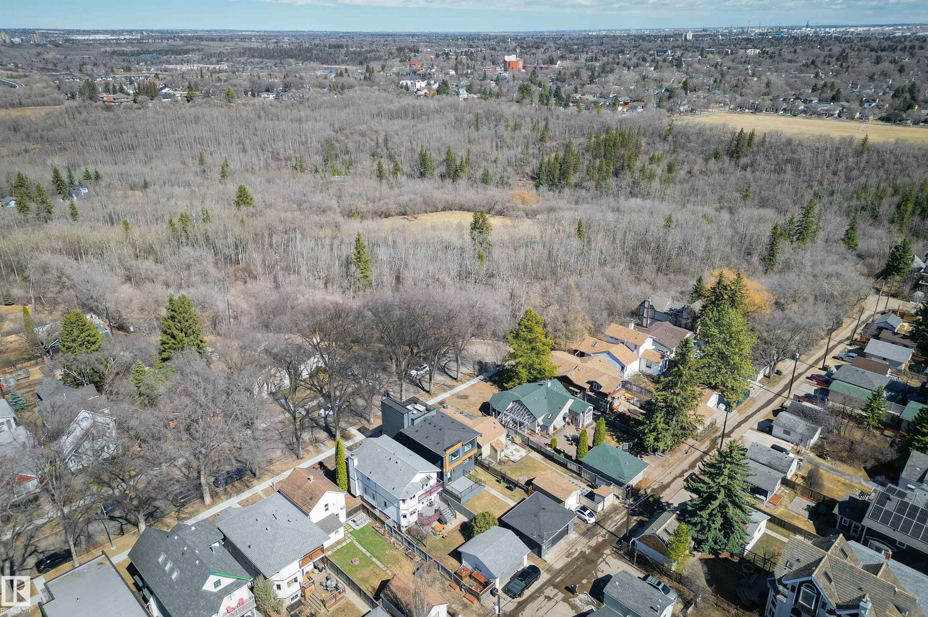 Aerial perspective showcasing a residential neighborhood bordering a large natural treed area - 9741 90 Avenue, Edmonton, AB - Outdoor With View