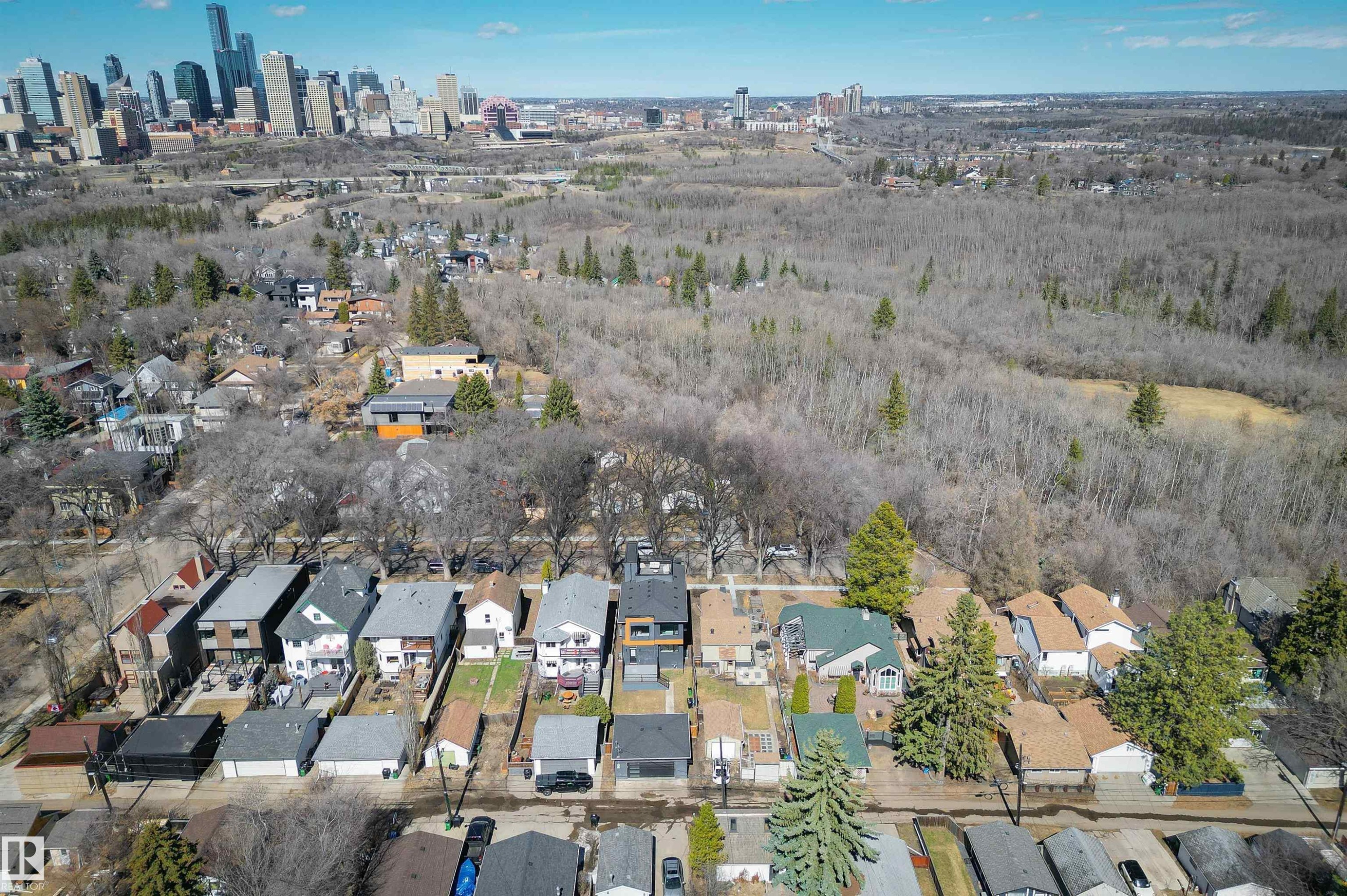 Aerial perspective showcasing a residential street with diverse architectural styles - 9741 90 Avenue, Edmonton, AB - Outdoor With View