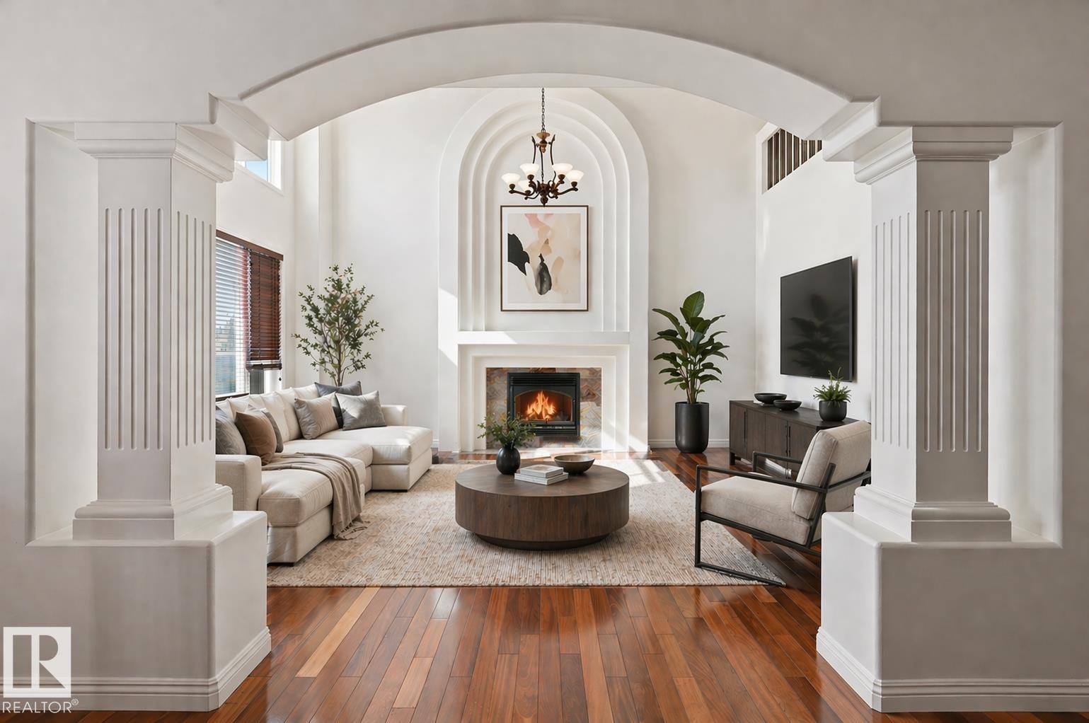 Virtually Staged - 2423 Tegler Green, Edmonton, AB - Indoor Photo Showing Living Room With Fireplace