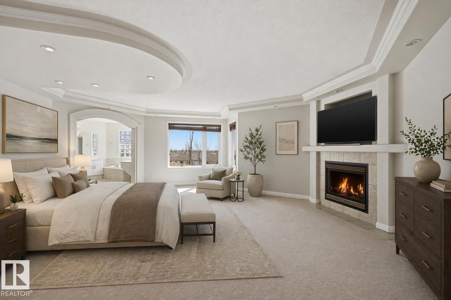 Virtually Staged - 2423 Tegler Green, Edmonton, AB - Indoor Photo Showing Bedroom With Fireplace