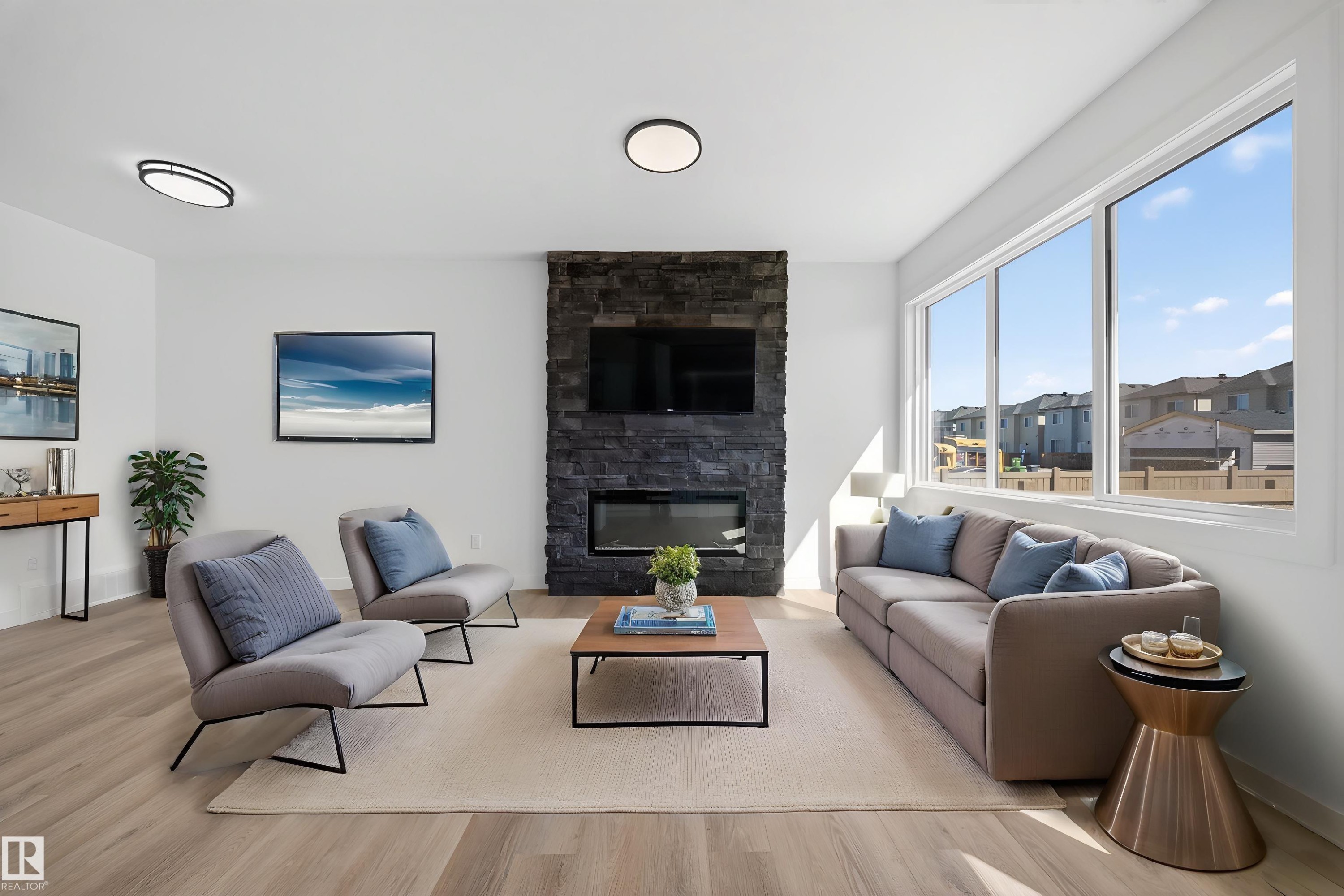 Virtually Staged - 227 Deer Valley Drive, Leduc, AB - Indoor Photo Showing Living Room With Fireplace
