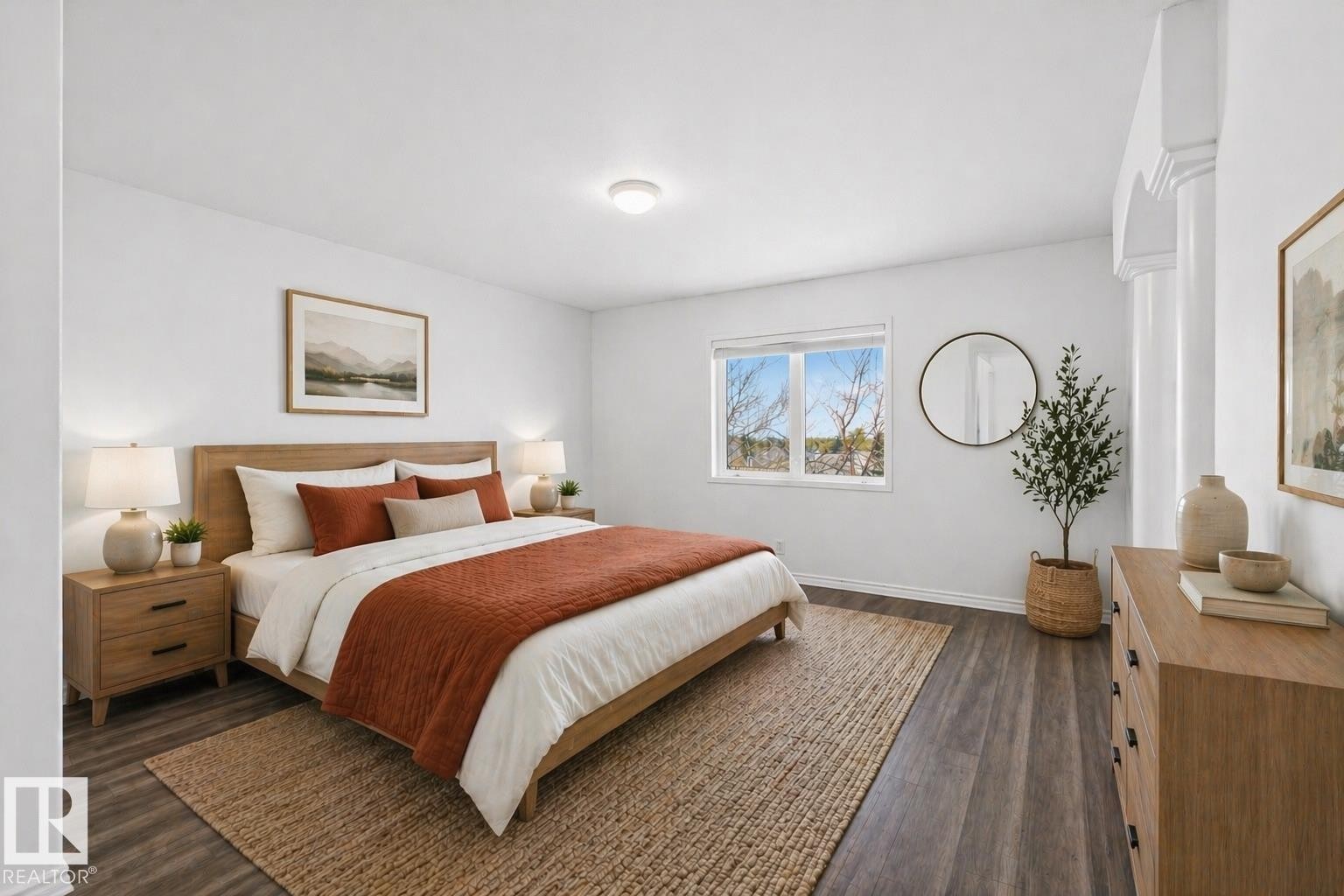 Bedroom featuring wood-finish flooring, a contemporary window, and recessed ceiling lighting - 6 1237 Carter Crest Road, Edmonton, AB