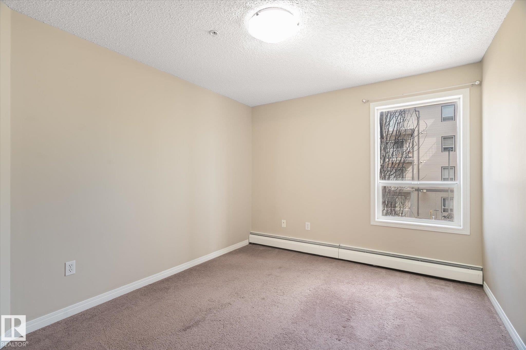 Neutral-toned room featuring a single window, baseboard heating, a ceiling-mounted light fixture, and textured carpeting - 203 155 Edwards Drive, Edmonton, AB - Indoor Photo Showing Other Room
