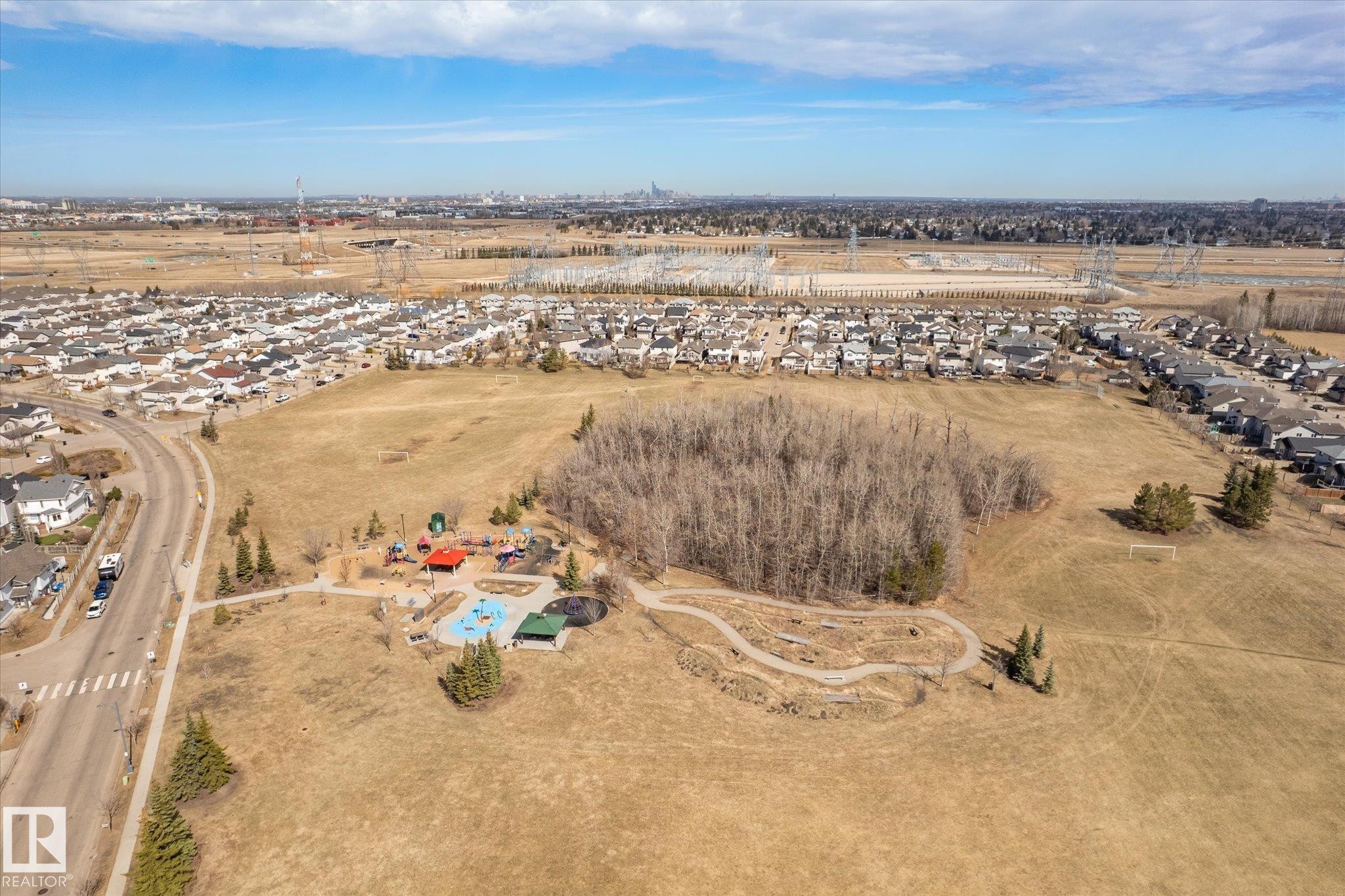 Aerial perspective showcasing a community park with a playground, an open field, and mature trees - 203 155 Edwards Drive, Edmonton, AB - Outdoor With View