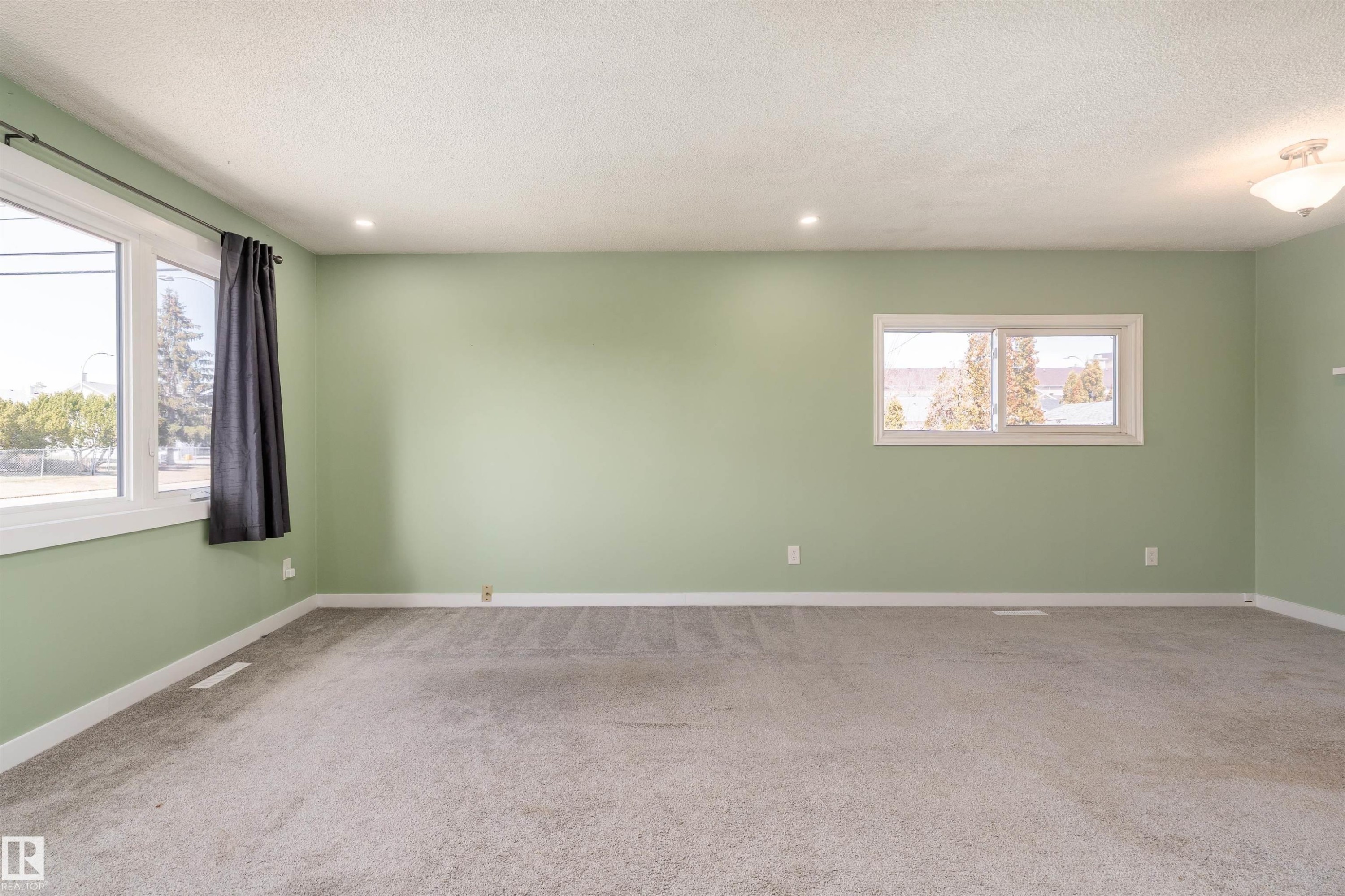 Spacious room featuring light green walls, gray carpeting, and multiple windows - 13331 64 Street Nw, Edmonton, AB - Indoor Photo Showing Other Room
