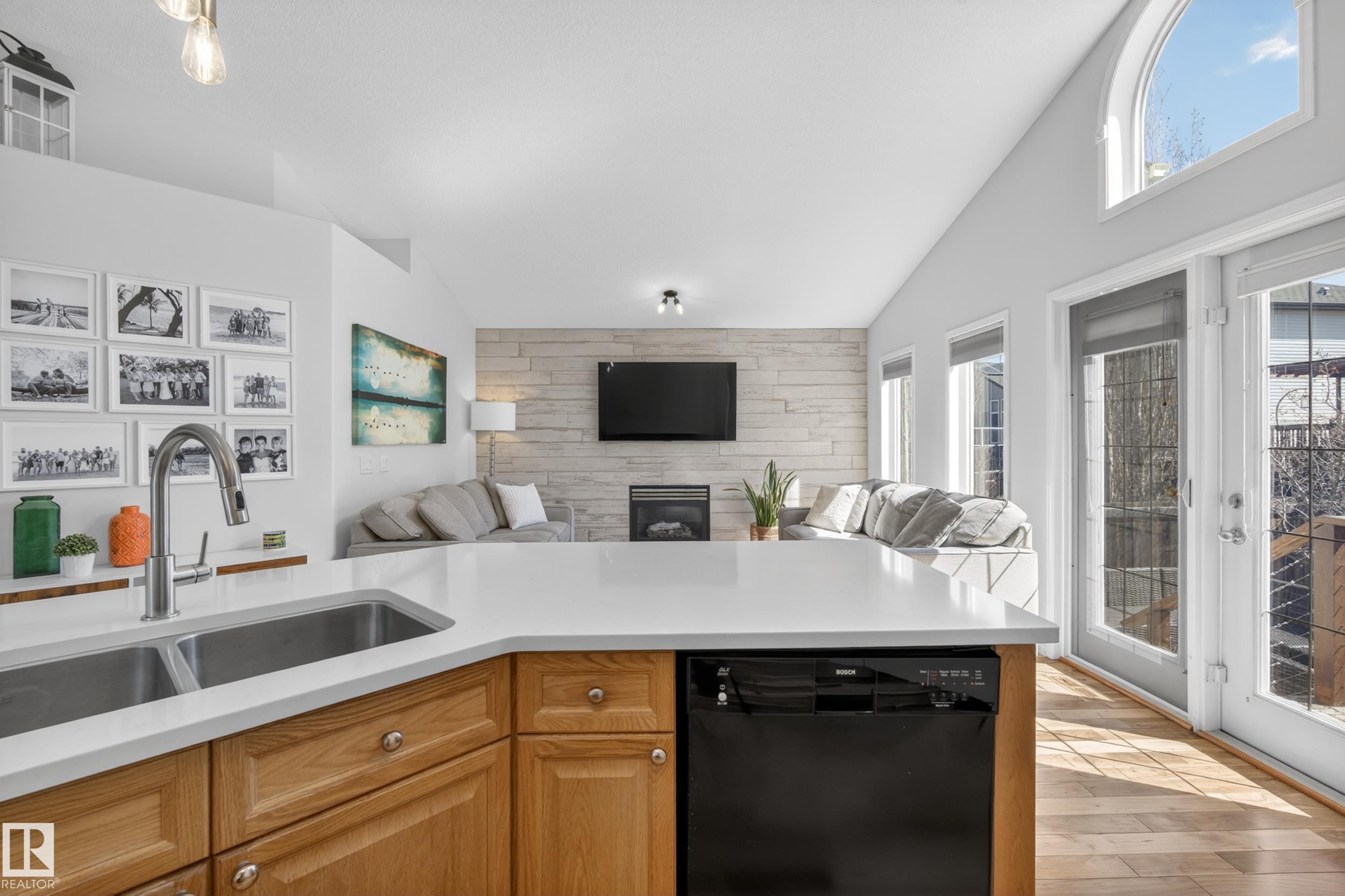 339 Foxboro Drive, Sherwood Park, AB - Indoor Photo Showing Kitchen With Fireplace With Double Sink