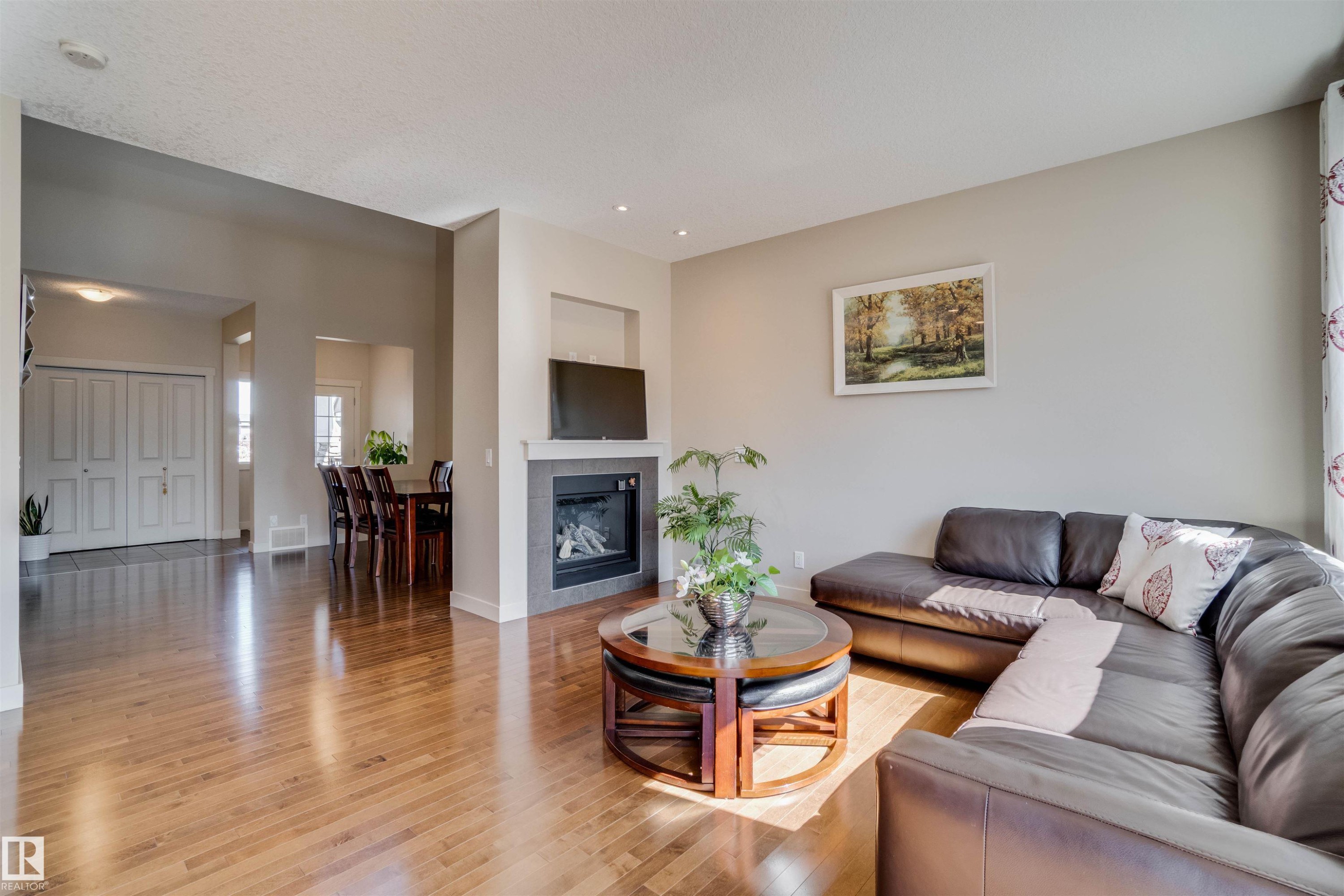 3843 Agar Green, Edmonton, AB - Indoor Photo Showing Living Room With Fireplace
