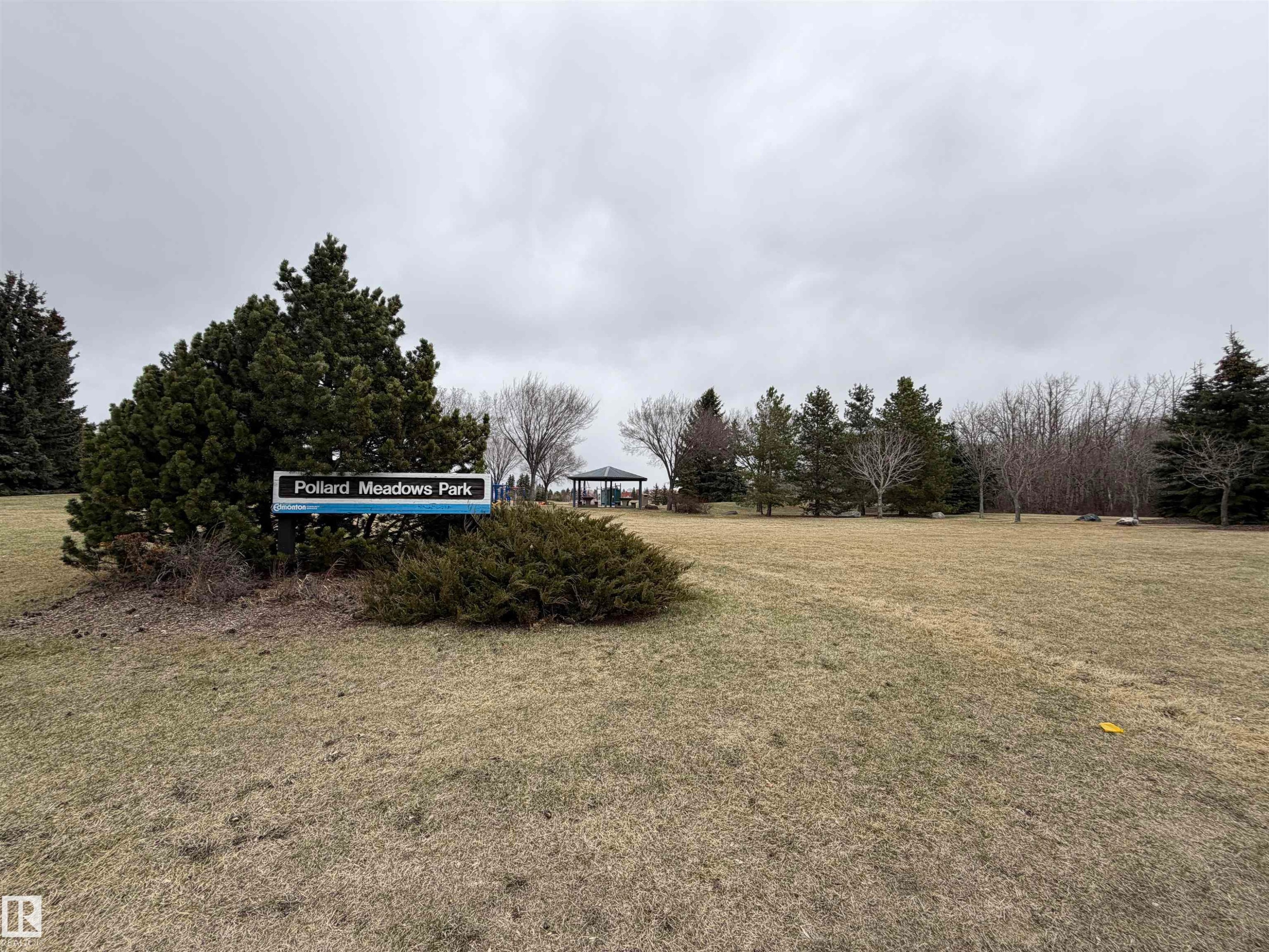 Pollard Meadows Park entrance featuring a prominent park sign and established evergreen landscaping - 2039 48 Street, Edmonton, AB - Outdoor With View