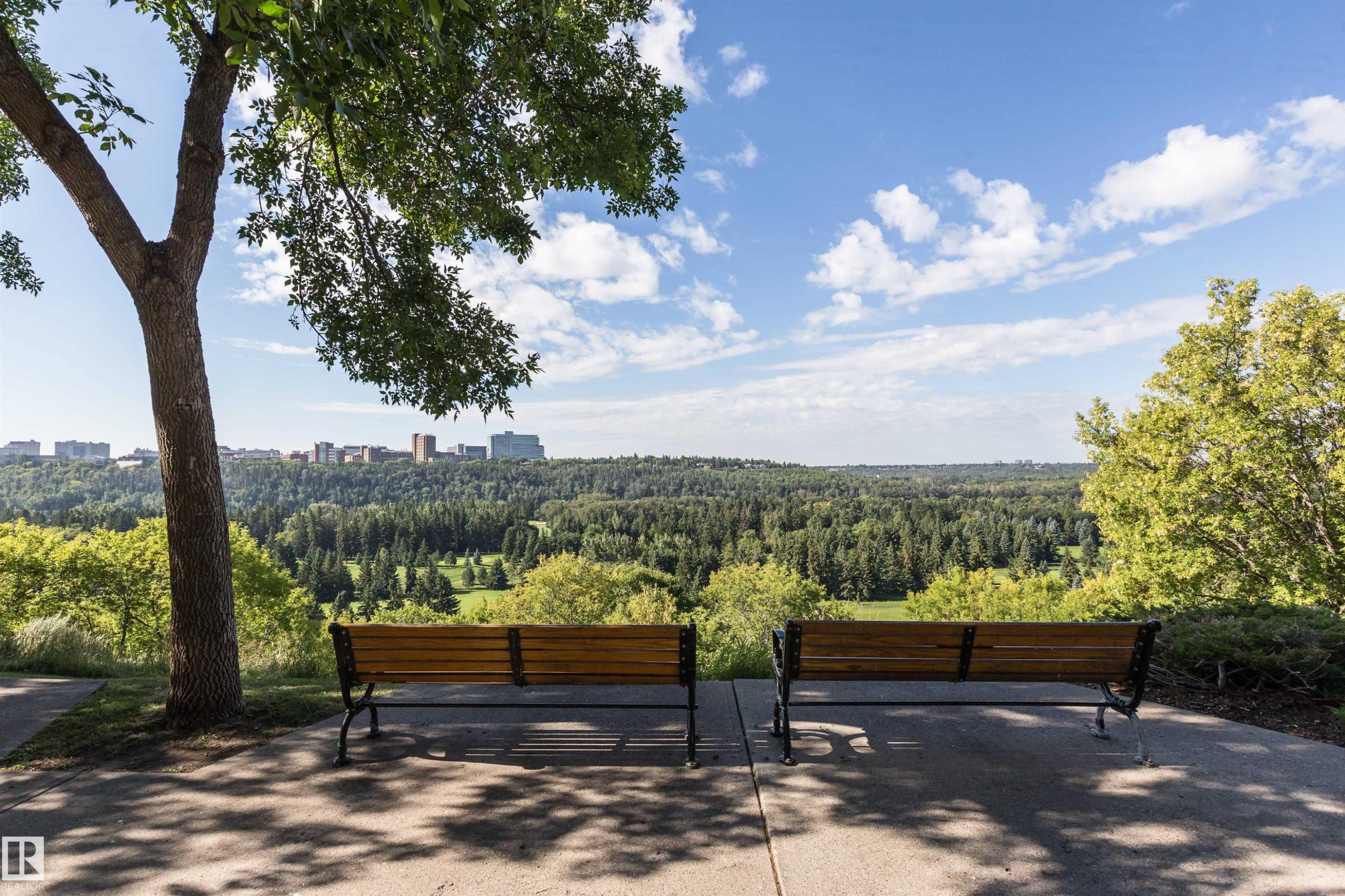 Paved patio area featuring two wooden benches with metal frames, set against a backdrop of extensive forested landscapes - #303 10026 112 Street Nw, Edmonton, AB - Outdoor With View