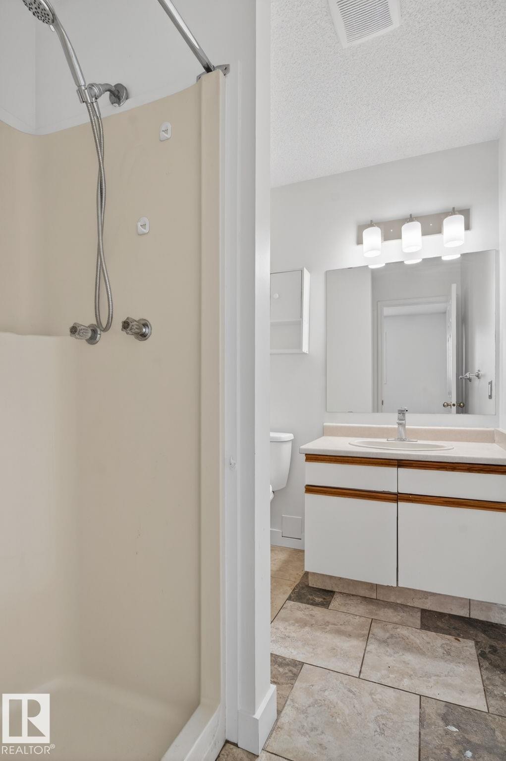 Bathroom featuring a shower stall with handheld showerhead, a vanity with a drop-in sink, an overhead light fixture, and large format tile flooring - 18604 97A Avenue, Edmonton, AB - Indoor Photo Showing Bathroom