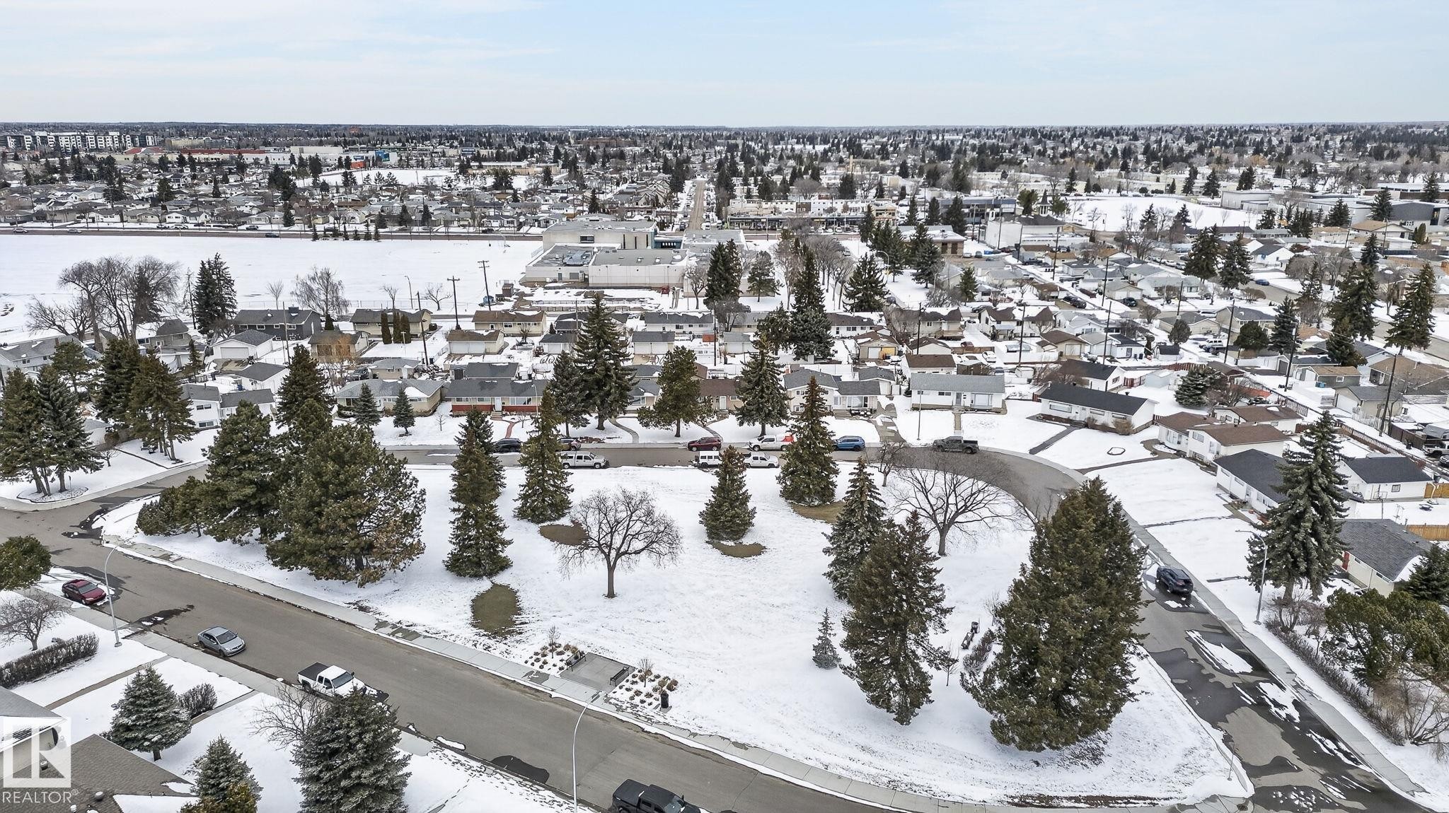 Residential neighborhood featuring mature evergreen trees and a streetscape with multiple single-story homes - 9112 130 Avenue, Edmonton, AB - Outdoor With View
