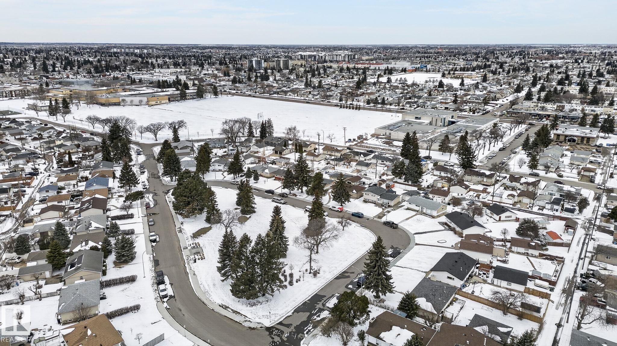 Residential area featuring a mix of single-story and multi-story homes, snow-covered roofs, and mature evergreen trees - 9112 130 Avenue, Edmonton, AB - Outdoor With View