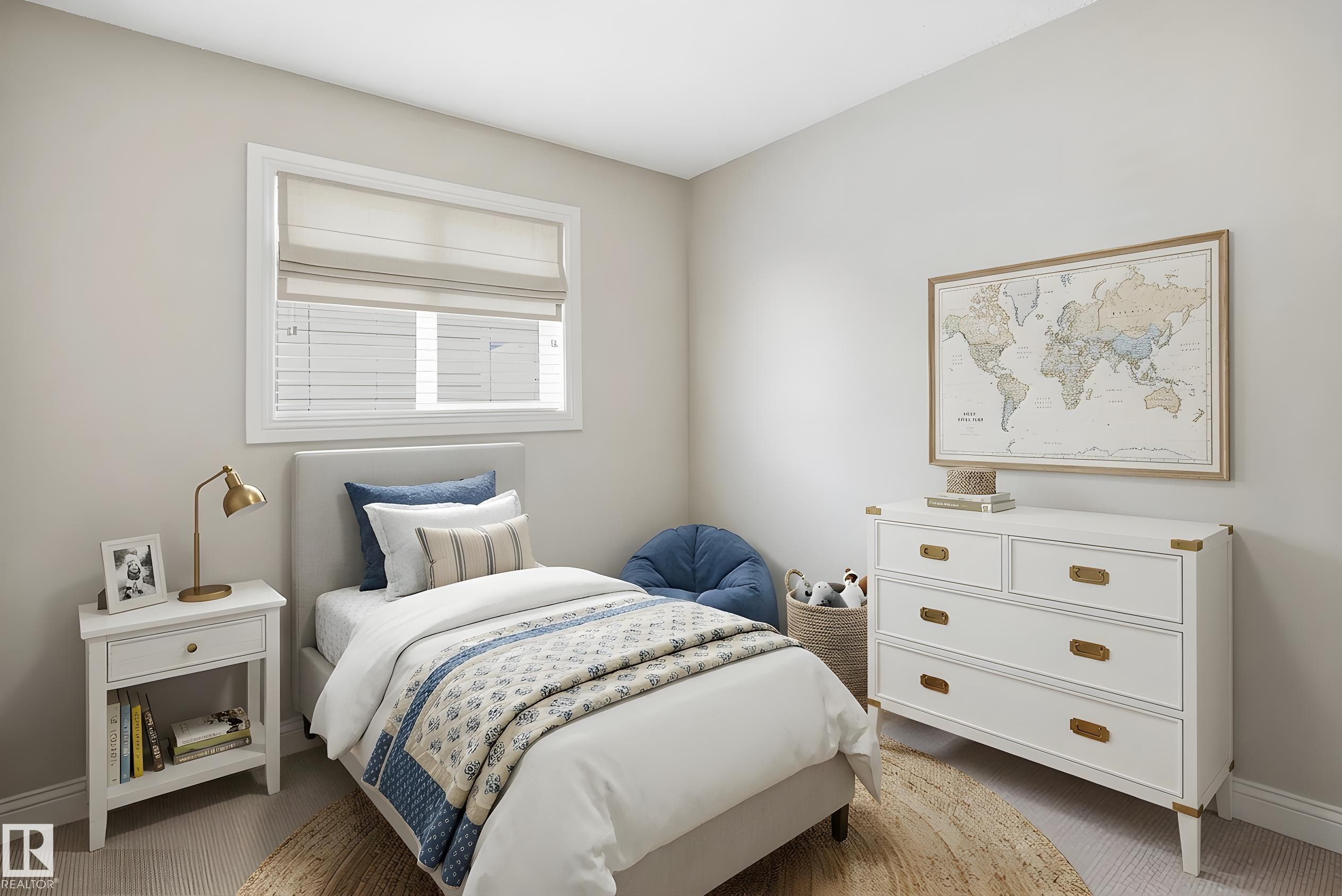 Bedroom featuring light-colored walls, a window with blinds and shades, and carpeted flooring - 3533 11 Street, Edmonton, AB