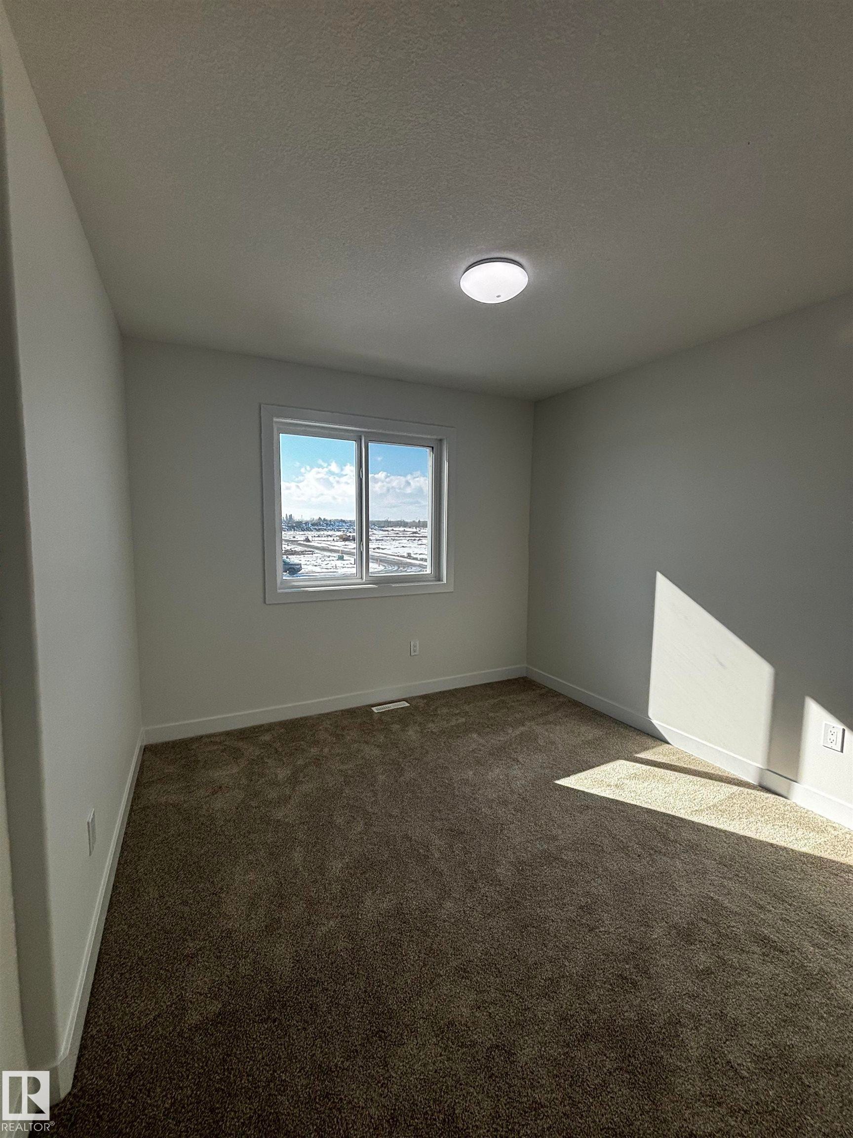 This room features an expansive window with outdoor views, textured carpeting, and a ceiling-mounted light fixture - 2012 210 St, Edmonton, AB - Indoor Photo Showing Other Room
