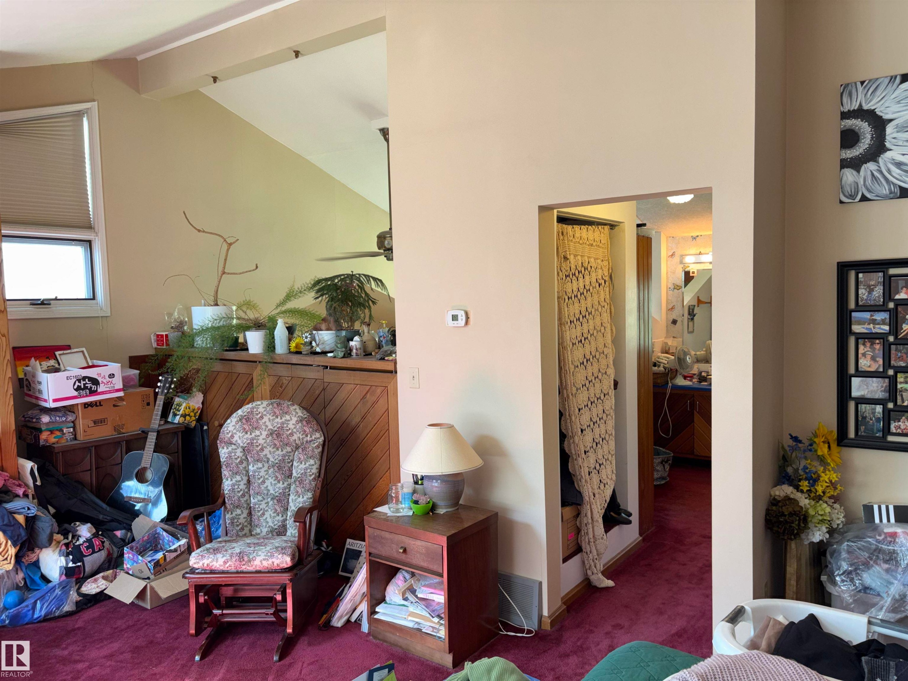 Vaulted ceiling with exposed beam, recessed lighting, and ceiling fan - 8812 146 Street, Edmonton, AB