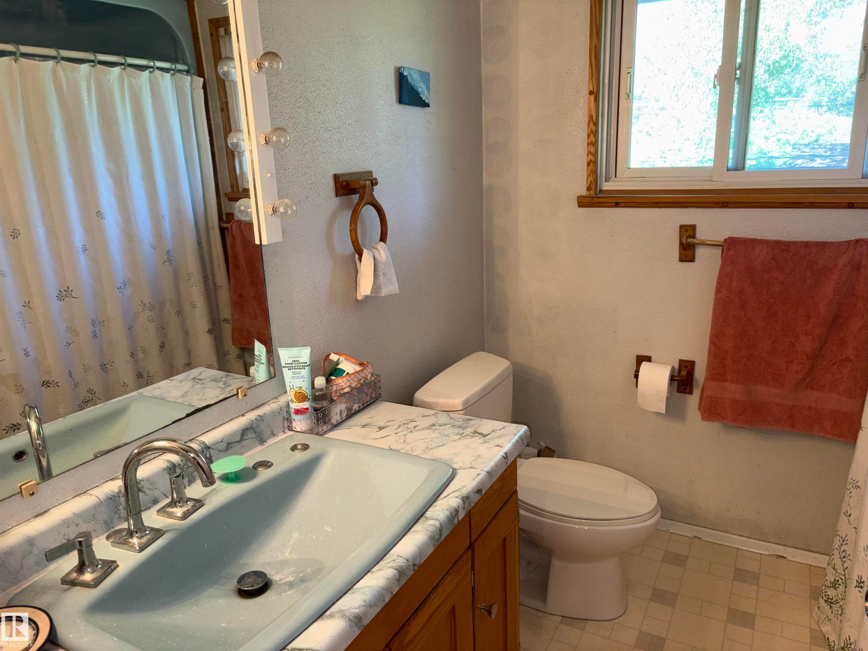 Bathroom featuring a vanity with a light blue sink and a patterned countertop, a toilet, and a window with wood trim - 8812 146 Street, Edmonton, AB