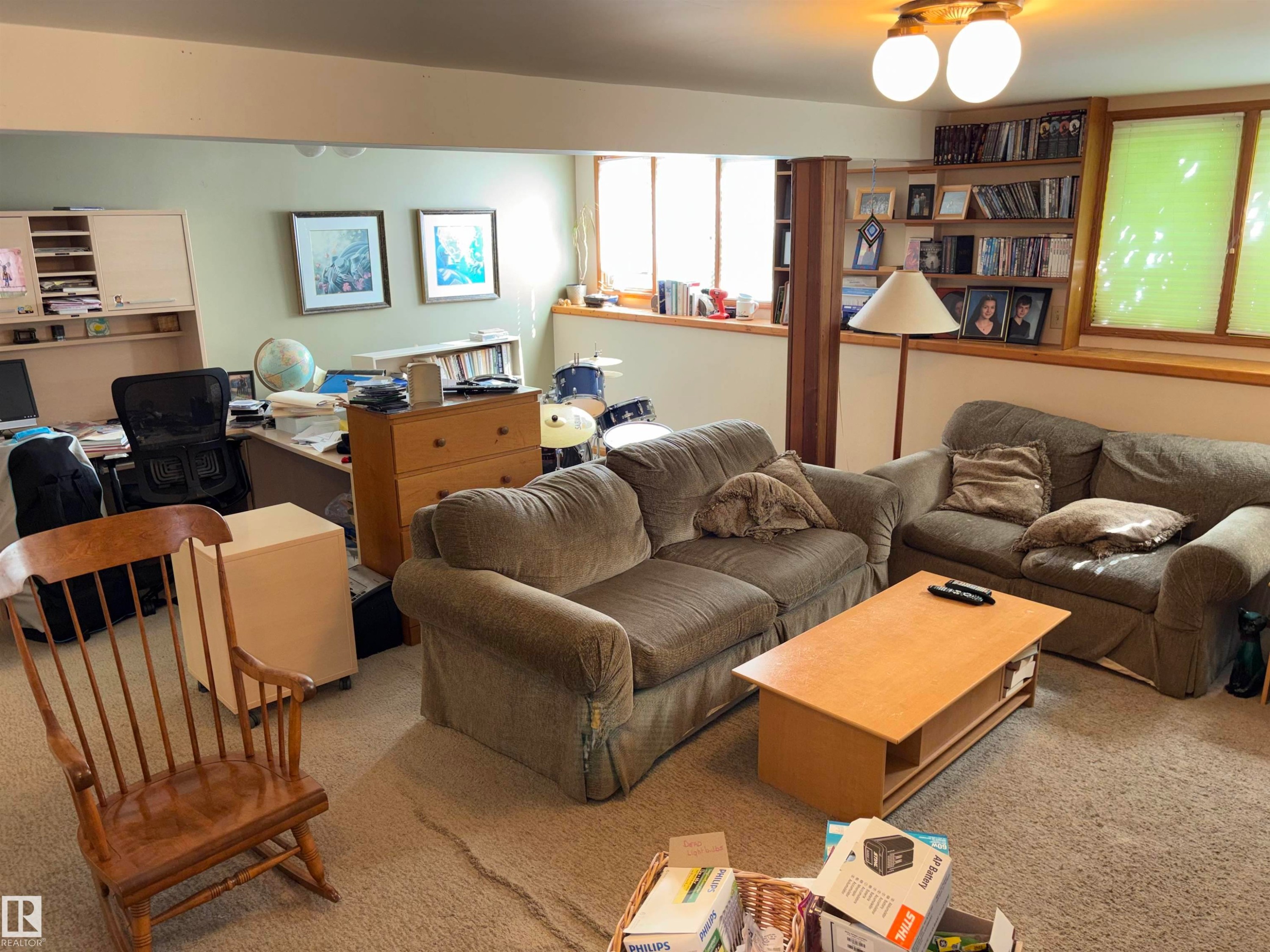 Open-concept room featuring carpet flooring and multiple windows with blinds - 8812 146 Street, Edmonton, AB