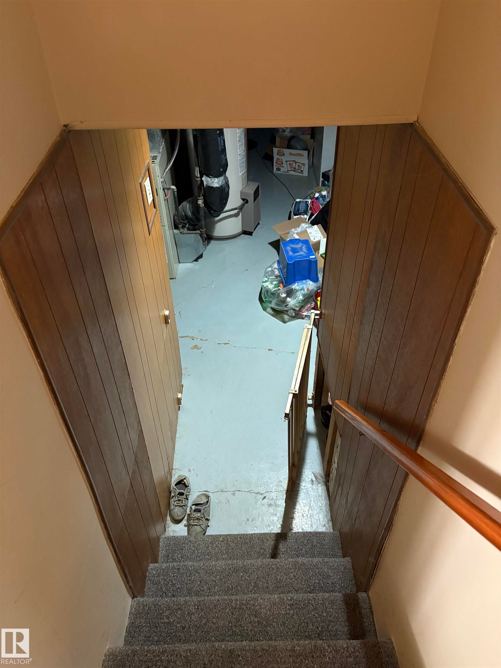 Stairwell featuring carpeted steps and a wood handrail - 8812 146 Street, Edmonton, AB