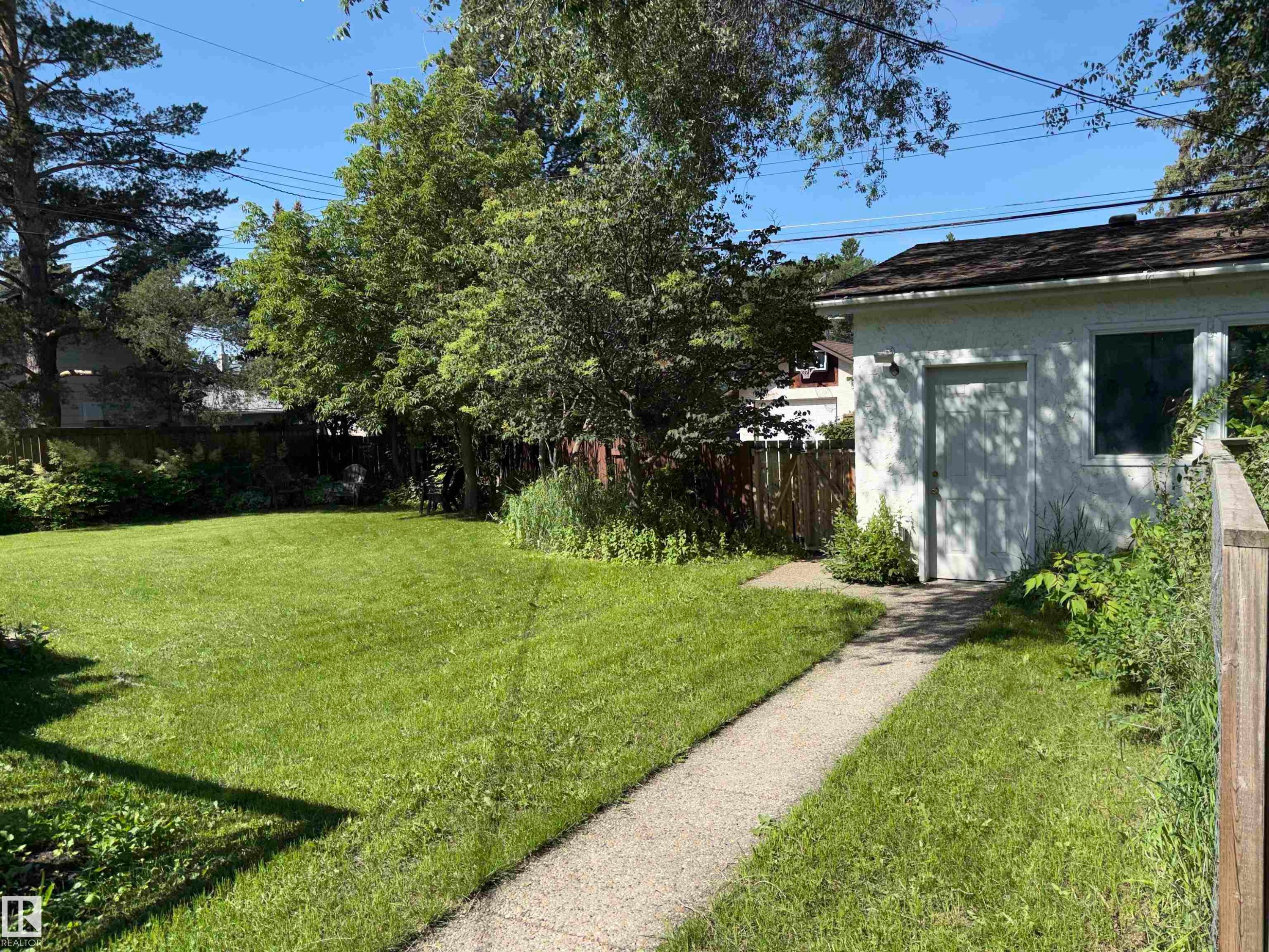 Expansive lawn with mature perimeter trees, featuring a concrete pathway leading to a detached structure with a single door and window - 8812 146 Street, Edmonton, AB