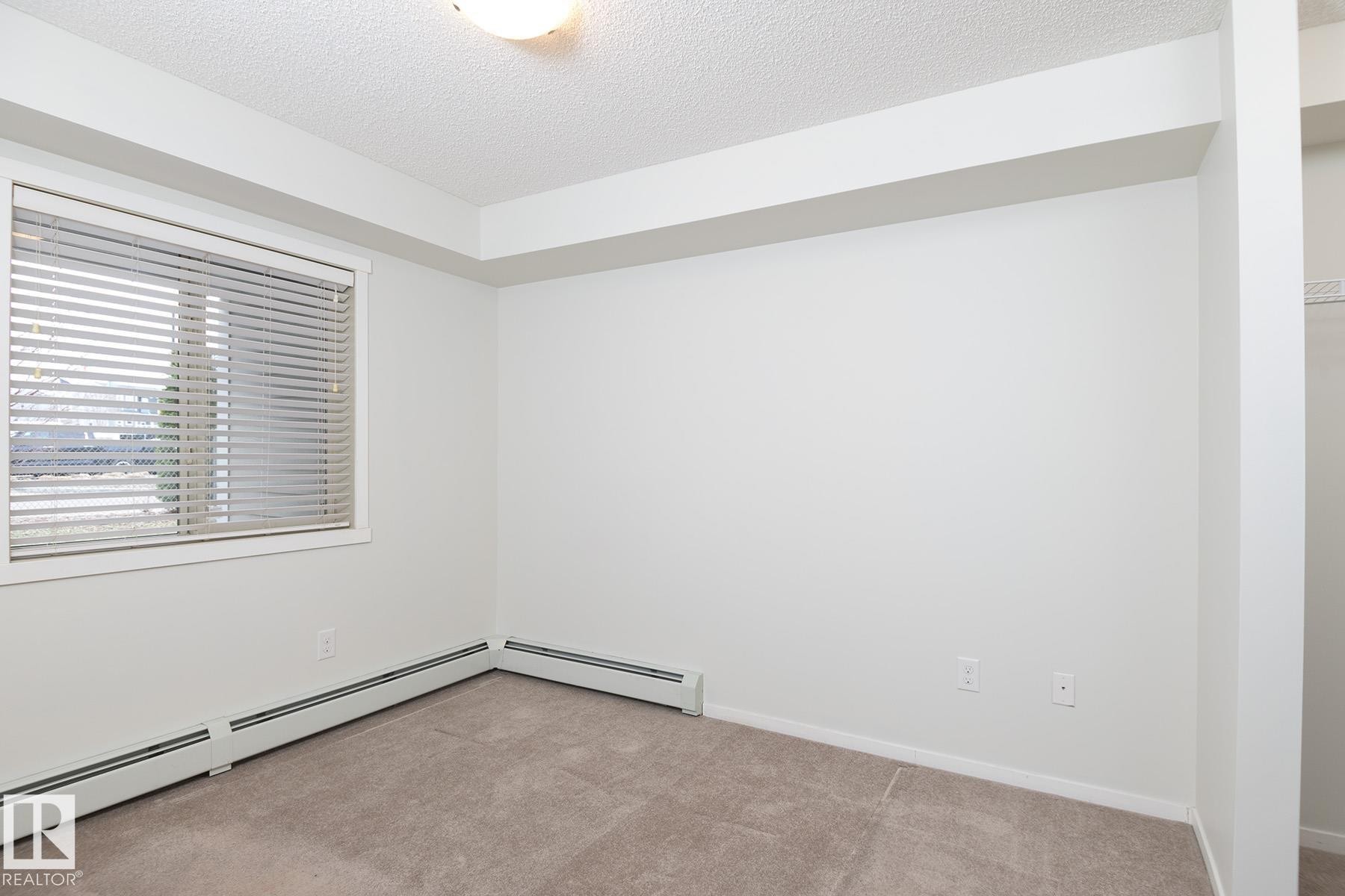 Carpeted room featuring a window with blinds, baseboard heating, a built-in closet with shelving, and overhead lighting - 111 25 Element Dr, St. Albert, AB - Indoor Photo Showing Other Room