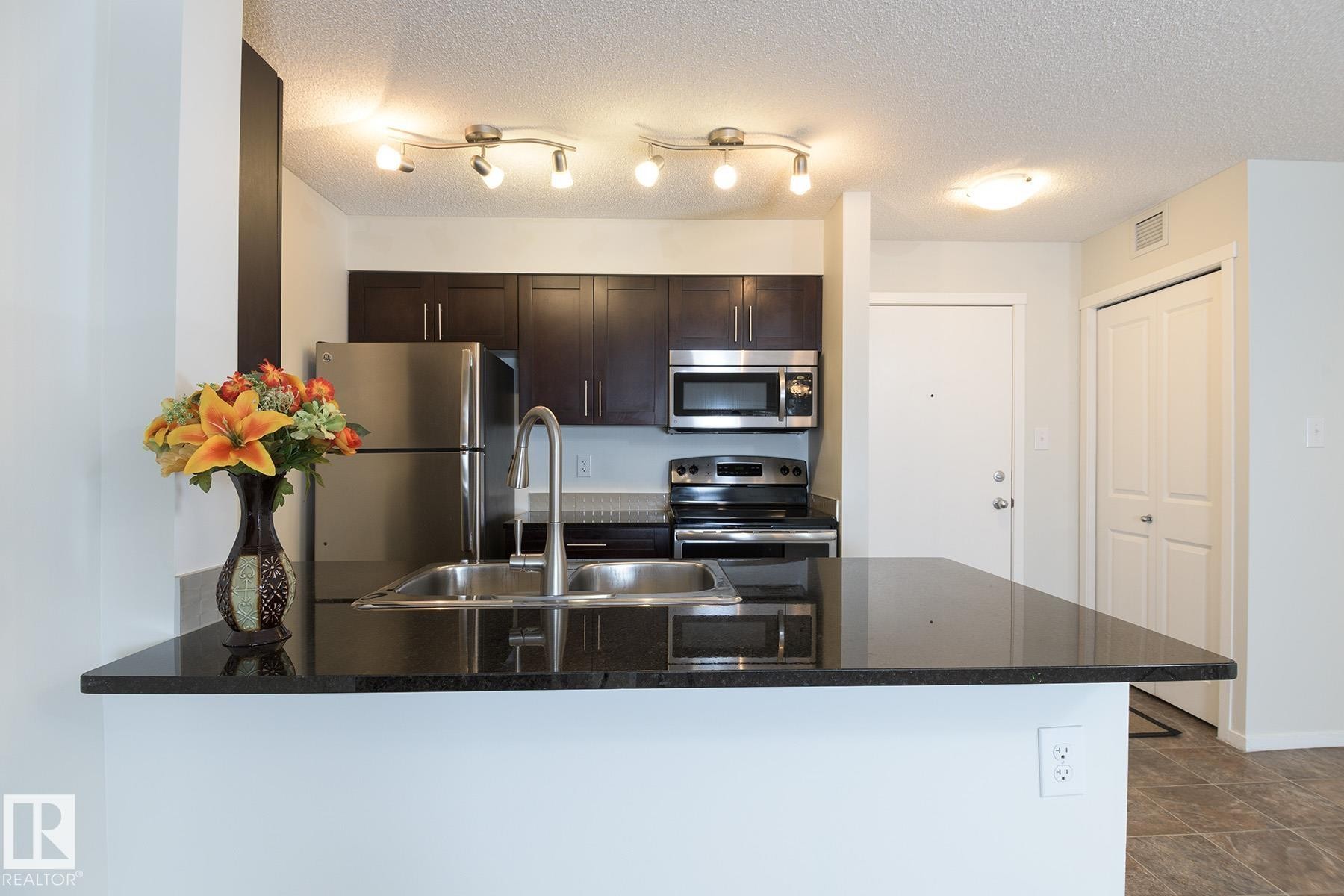 Kitchen featuring a large dark countertop, stainless steel appliances, dark wood-finish cabinetry, and a double basin sink with a chrome faucet - 111 25 Element Dr, St. Albert, AB - Indoor Photo Showing Kitchen With Stainless Steel Kitchen With Double Sink