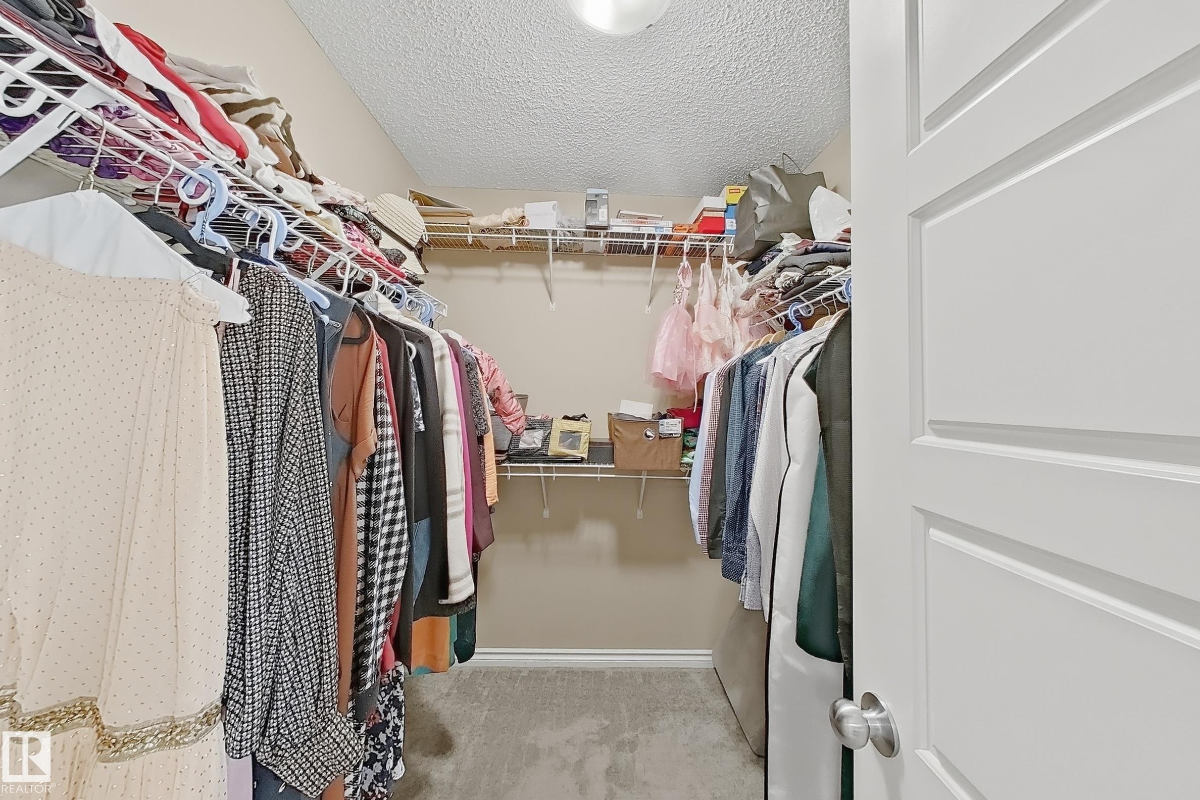 Walk-in closet featuring carpet flooring, built-in wire shelving, and neutral wall paint - 3609 Weidle Bend, Edmonton, AB - Indoor With Storage