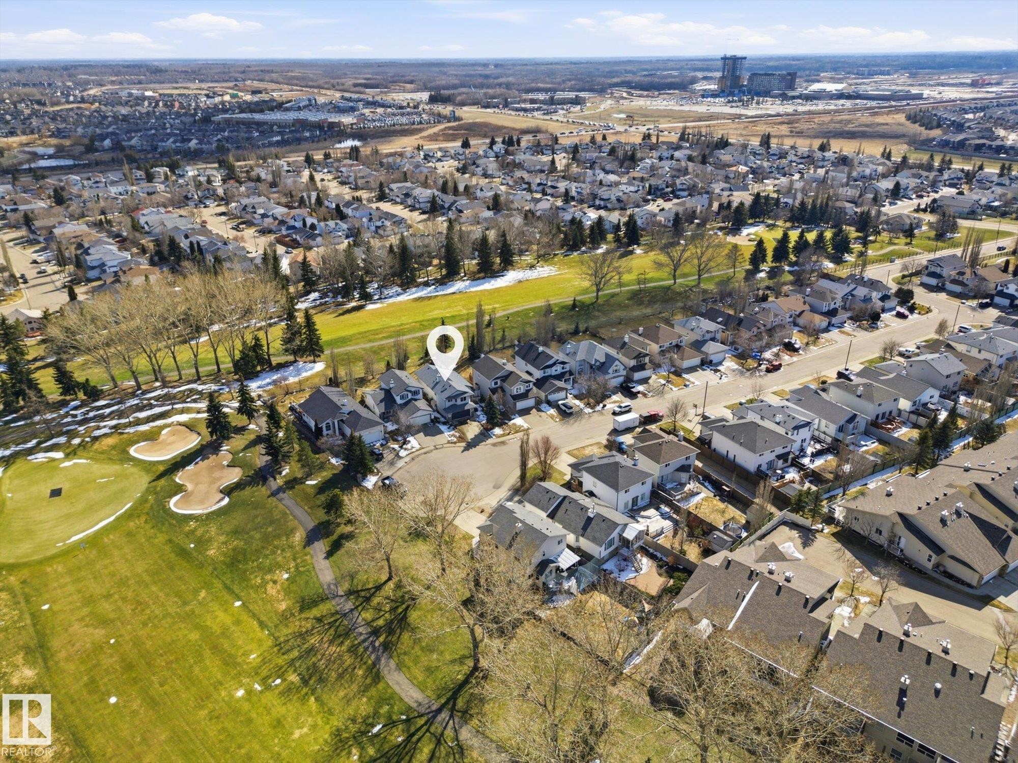 Aerial perspective showcasing a residential area with a golf course - 2251 Brennan Court, Edmonton, AB - Outdoor With View